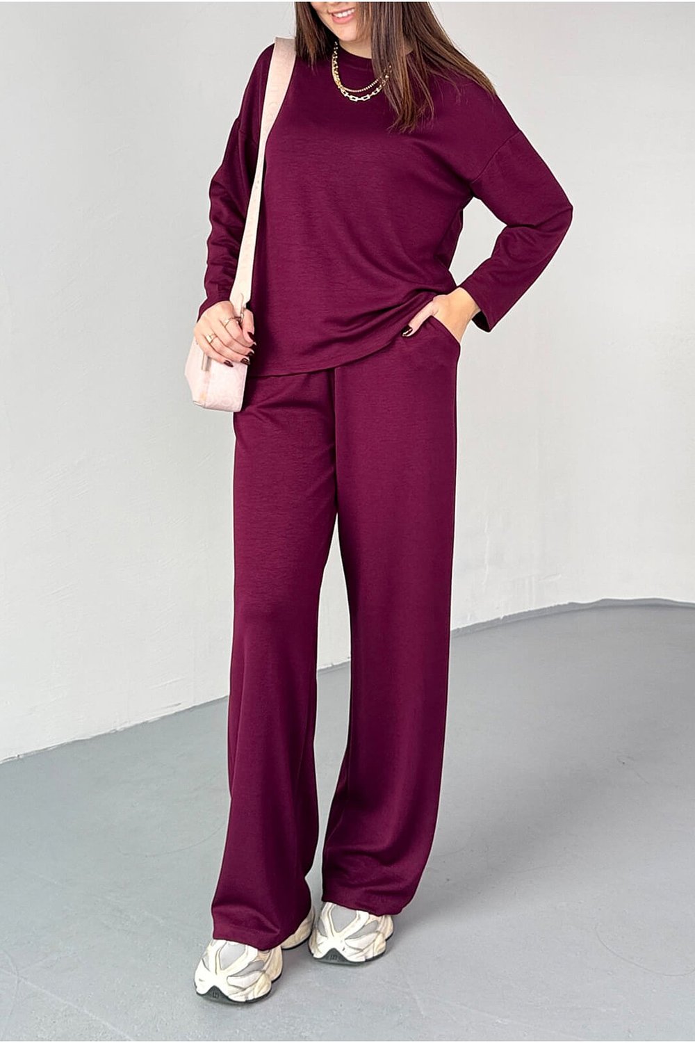 Kadın Bordo Premium Modal Kumaş Bisiklet Yaka Uzun Kol Basic İkili Takım