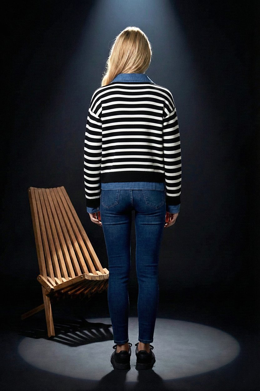 Kadın Siyah Beyaz Çizgili Denim Detaylı Triko Hırka