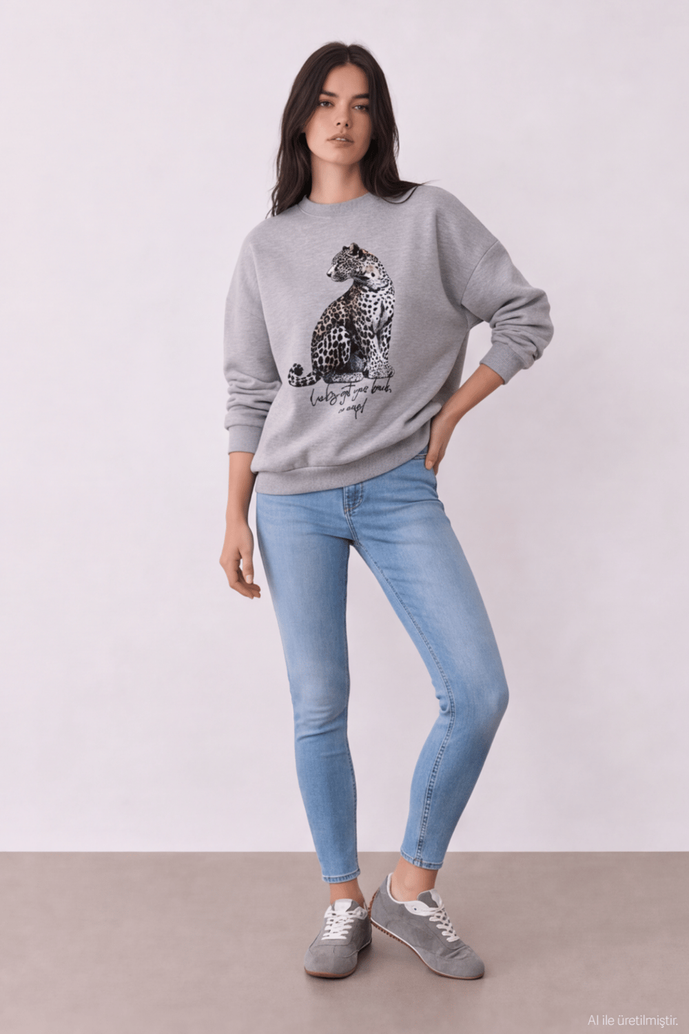 Baskı Nakış Detaylı Sweatshirt Gri Melanj