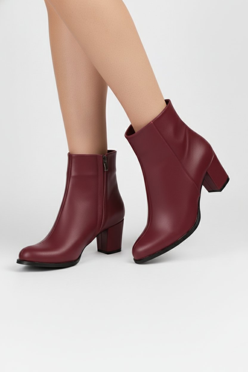 Extra Shoes İstanbul Kadın Bordo Cilt Vardola Jurdan Detaylı Kalın Topuklu Bot