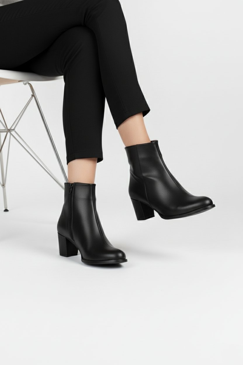 Extra Shoes İstanbul Kadın Siyah Cilt Vardola Jurdan Detaylı Kalın Topuklu Bot