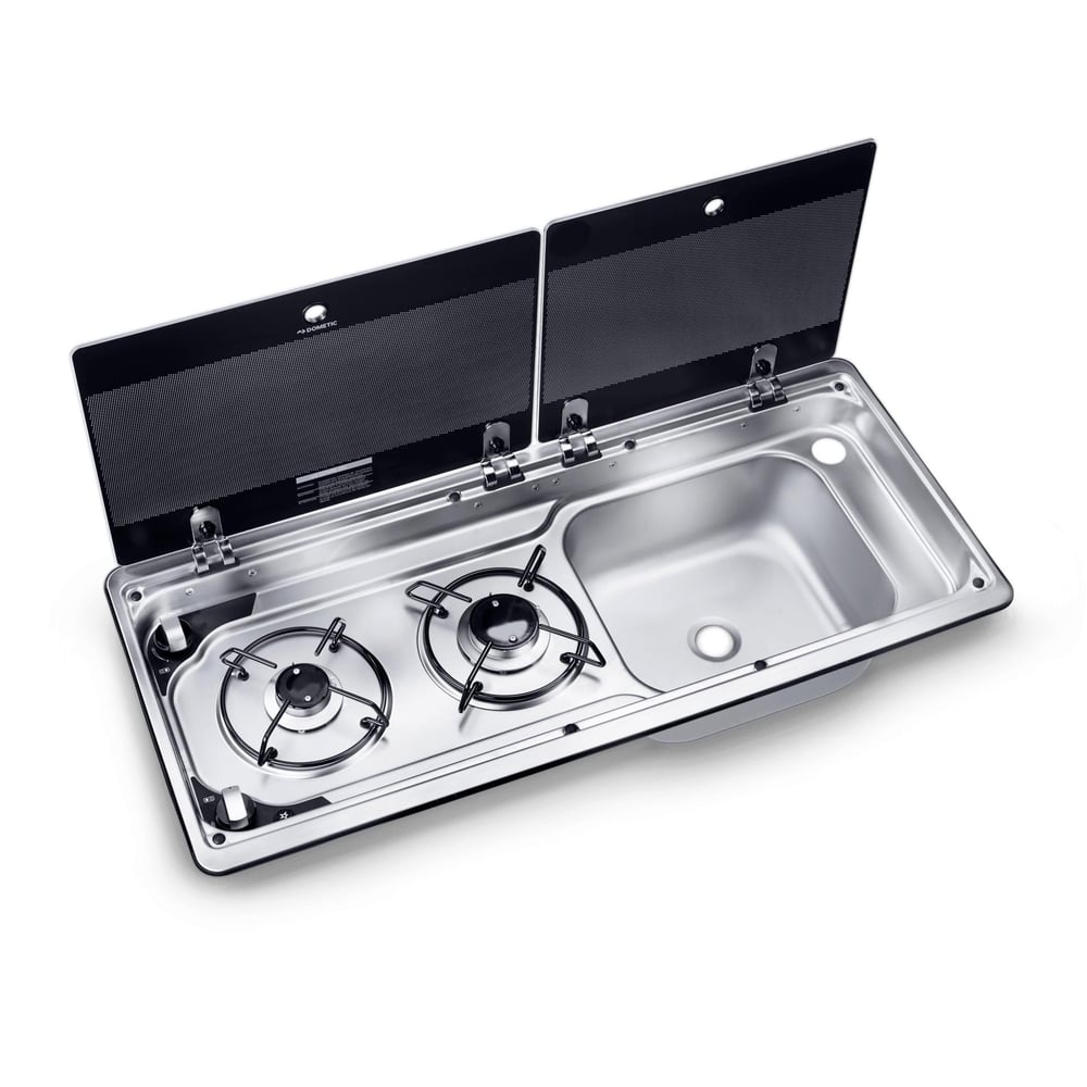 Dometic MO 9722R İki Gözlü Ocak ve Eviye Kombinasyonu Cam Kapaklı 760x325 mm