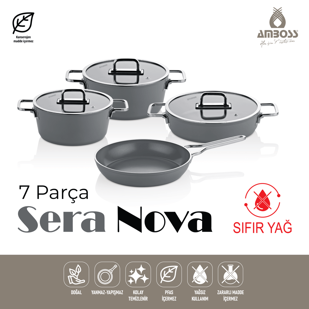 AMBOSS SERA NOVA 7 PARÇA SERAMİK TENCERE SET GRİ İ 