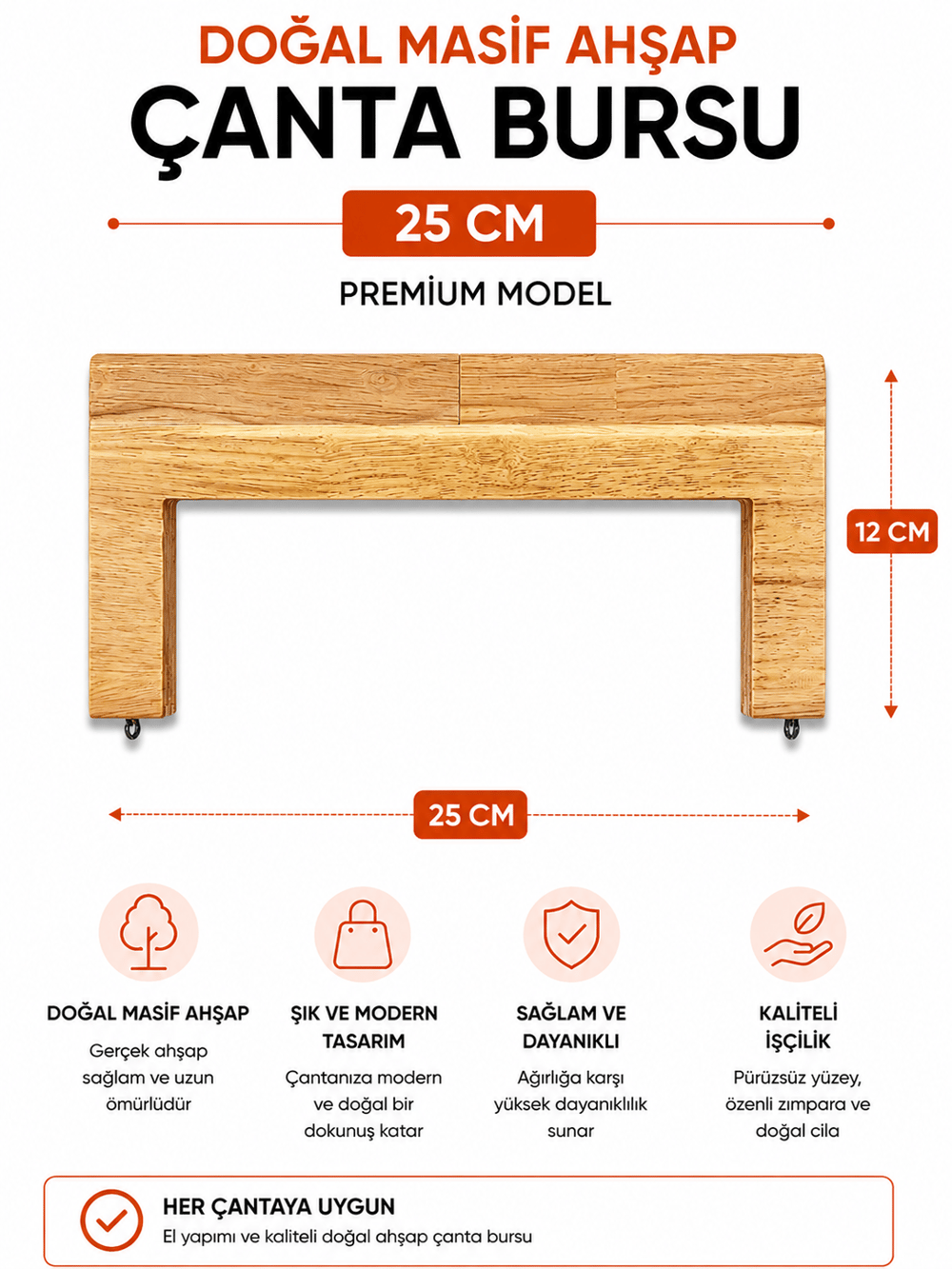  Ahşap Çanta Bursu Düz 24cm, Krem