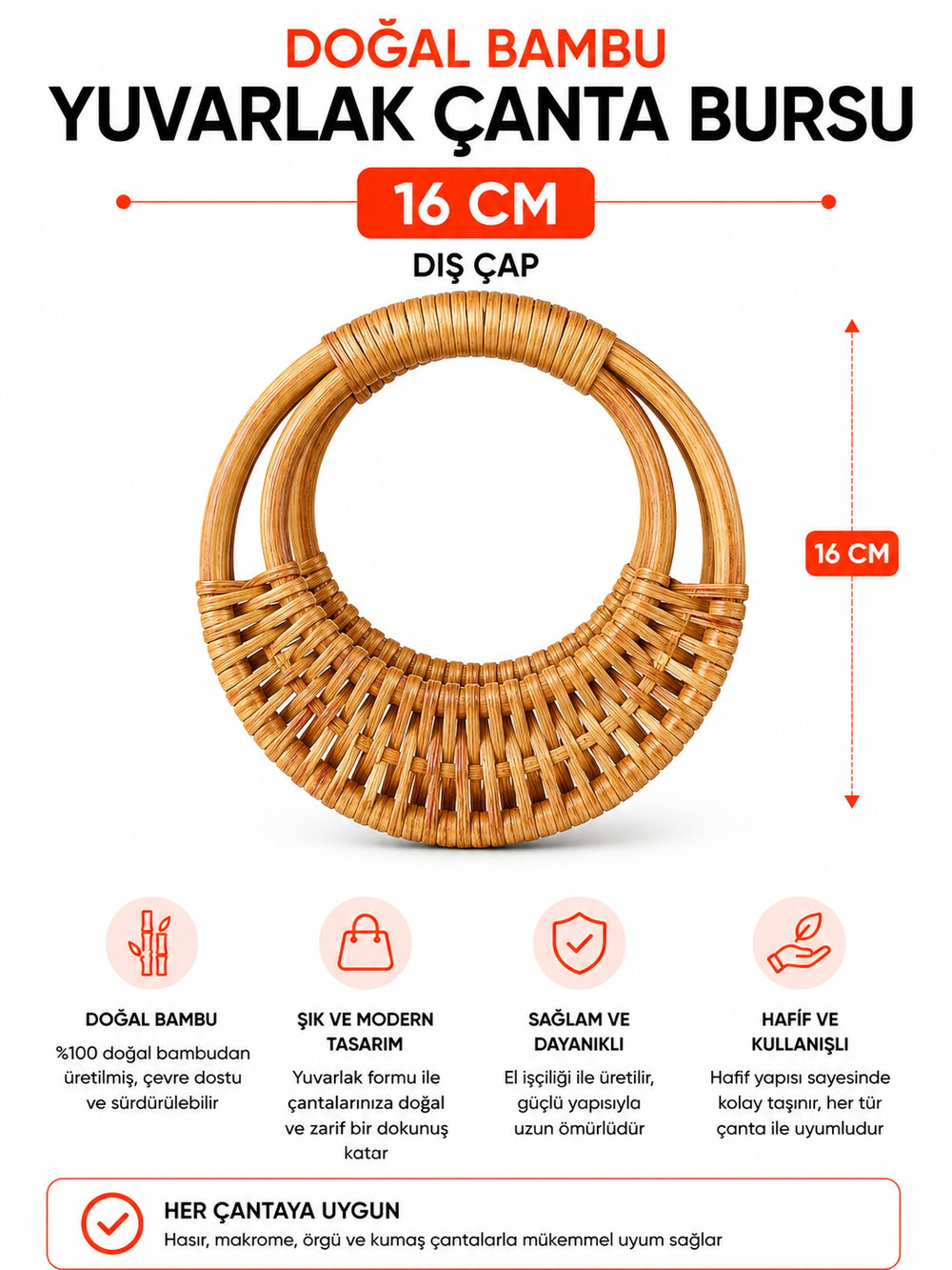  Vollen Yarn Doğal Bambu Çanta Bursu 16cm ,Ahşap
