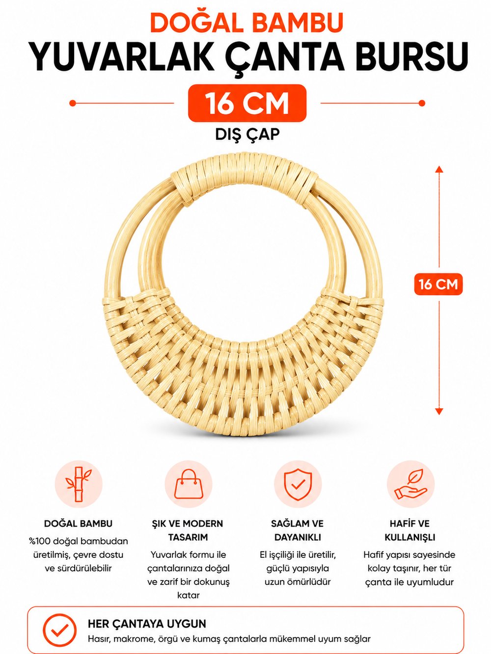  Vollen Yarn Doğal Bambu Çanta Bursu 16cm ,Naturel