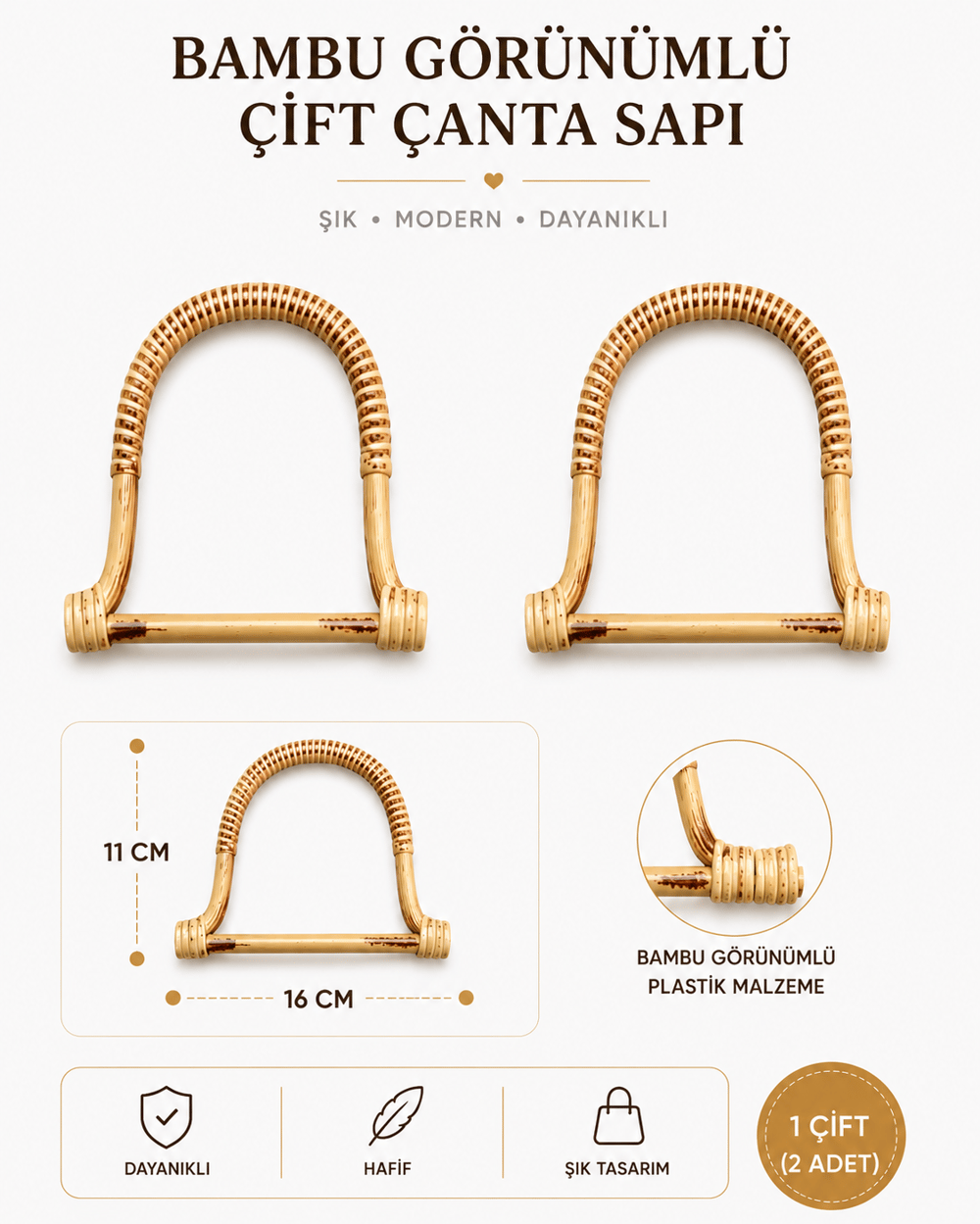 Bambu Görünümlü Plastik Çanta Sapı 16x11 cm 1 Çift (2 Adet) Hafif Dayanıklı Çanta Kulpu El Yapımı Çanta Aksesuarı