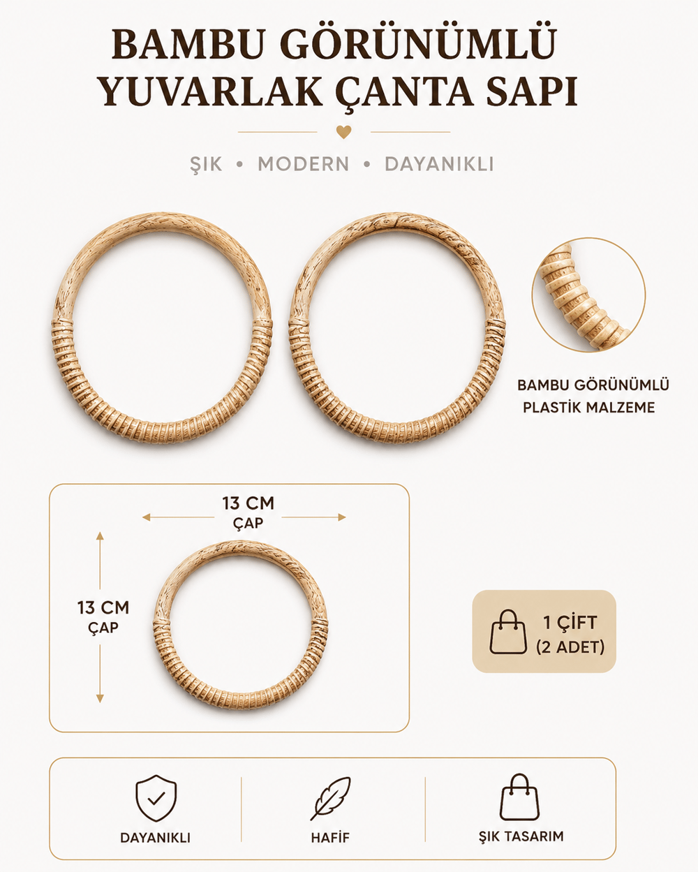 Bambu Görünümlü Yuvarlak Çanta Sapı 13 cm 1 Çift (2 Adet) Plastik Çanta Kulpu Örgü Makrome Rafya Çanta Sapı, 2