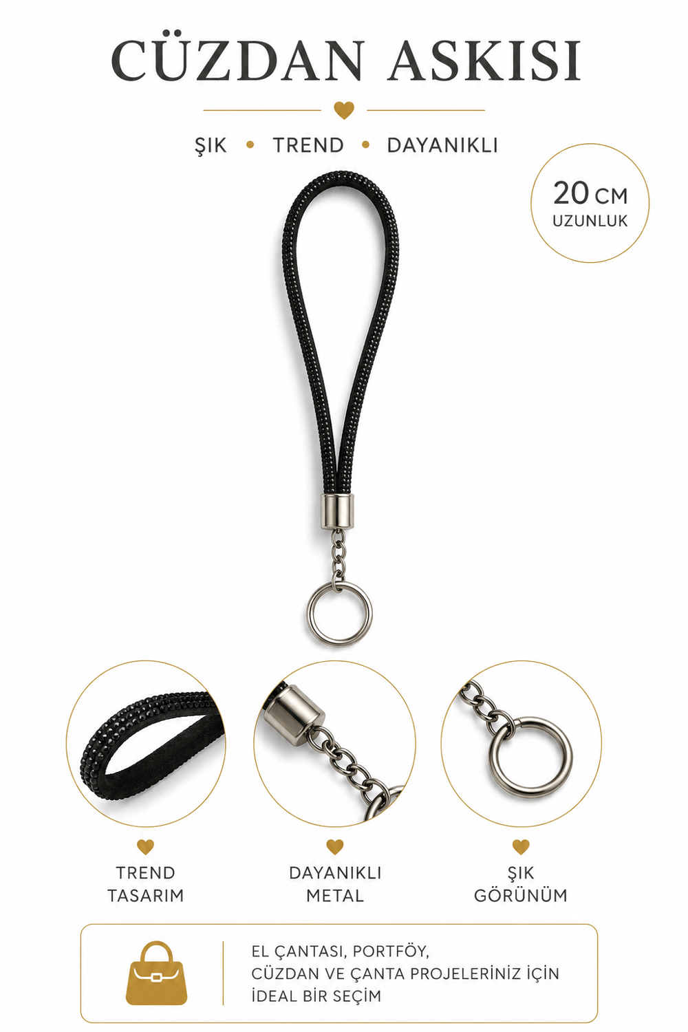 Cüzdan Askısı 20 cm El Askılığı Bilek Askısı Metal Halkalı Cüzdan ve Çanta Aksesuarı,Siyah