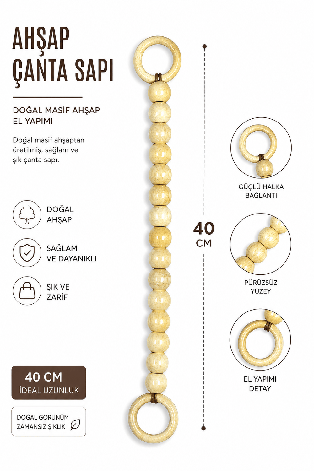 Doğal Masif Ahşap Çanta Sapı 40 cm El Yapımı Boncuklu Çanta Kulpu Dayanıklı Çanta Aksesuarı, Naturel