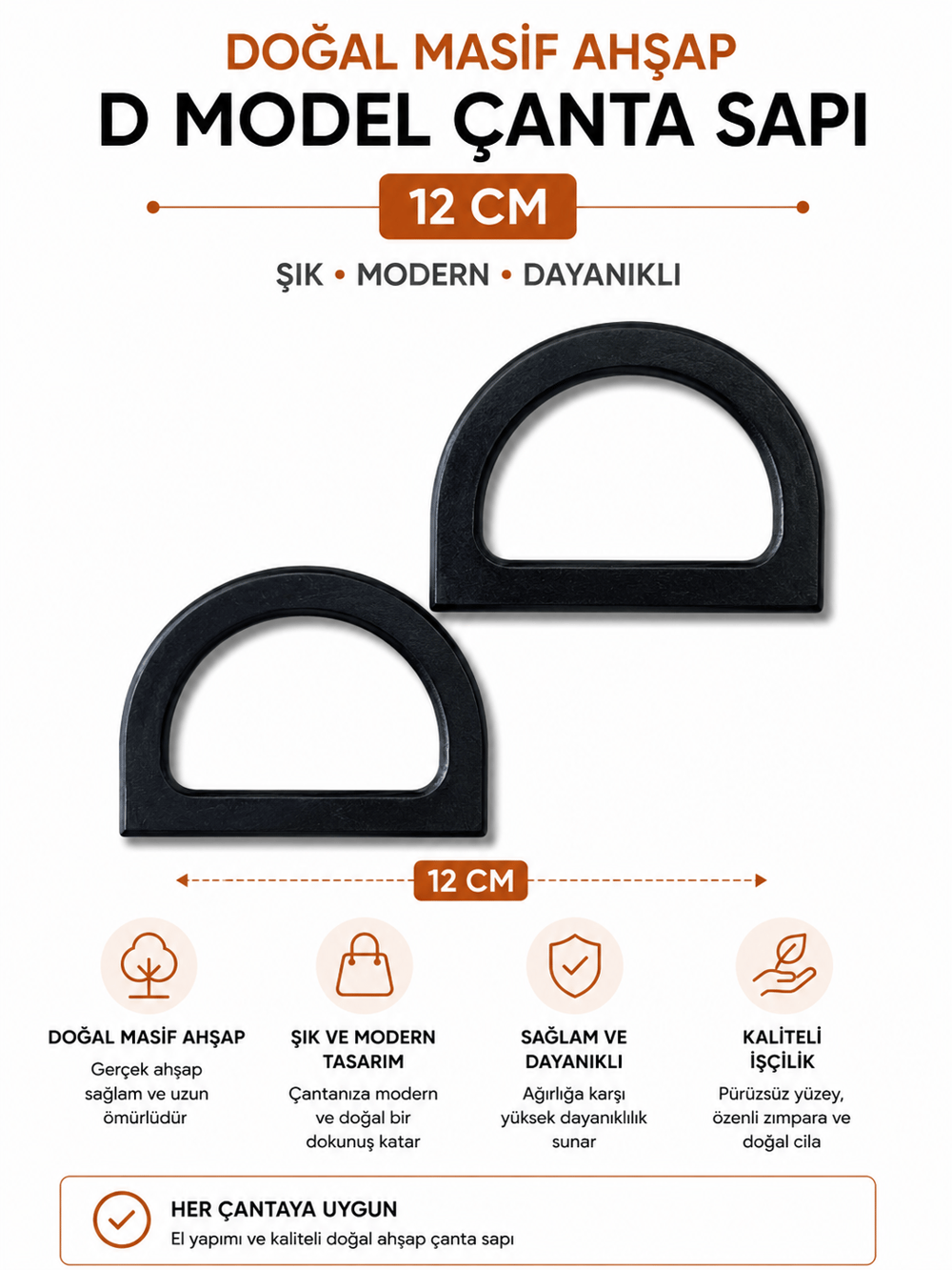 Doğal Masif Ahşap D Model Çanta Sapı 12 cm 1 Çift 2 Adet El Yapımı Çanta Kulpu,Siyah