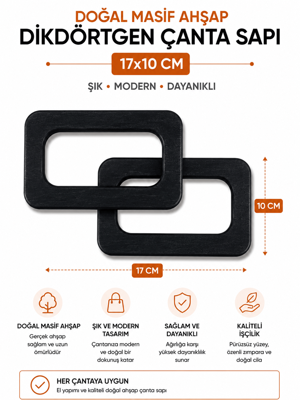 Doğal Masif Ahşap Dikdörtgen Çanta Sapı 17x10 cm 1 Çift (2 Adet) El Yapımı Çanta Kulpu Çanta Aksesuarı,Siyah
