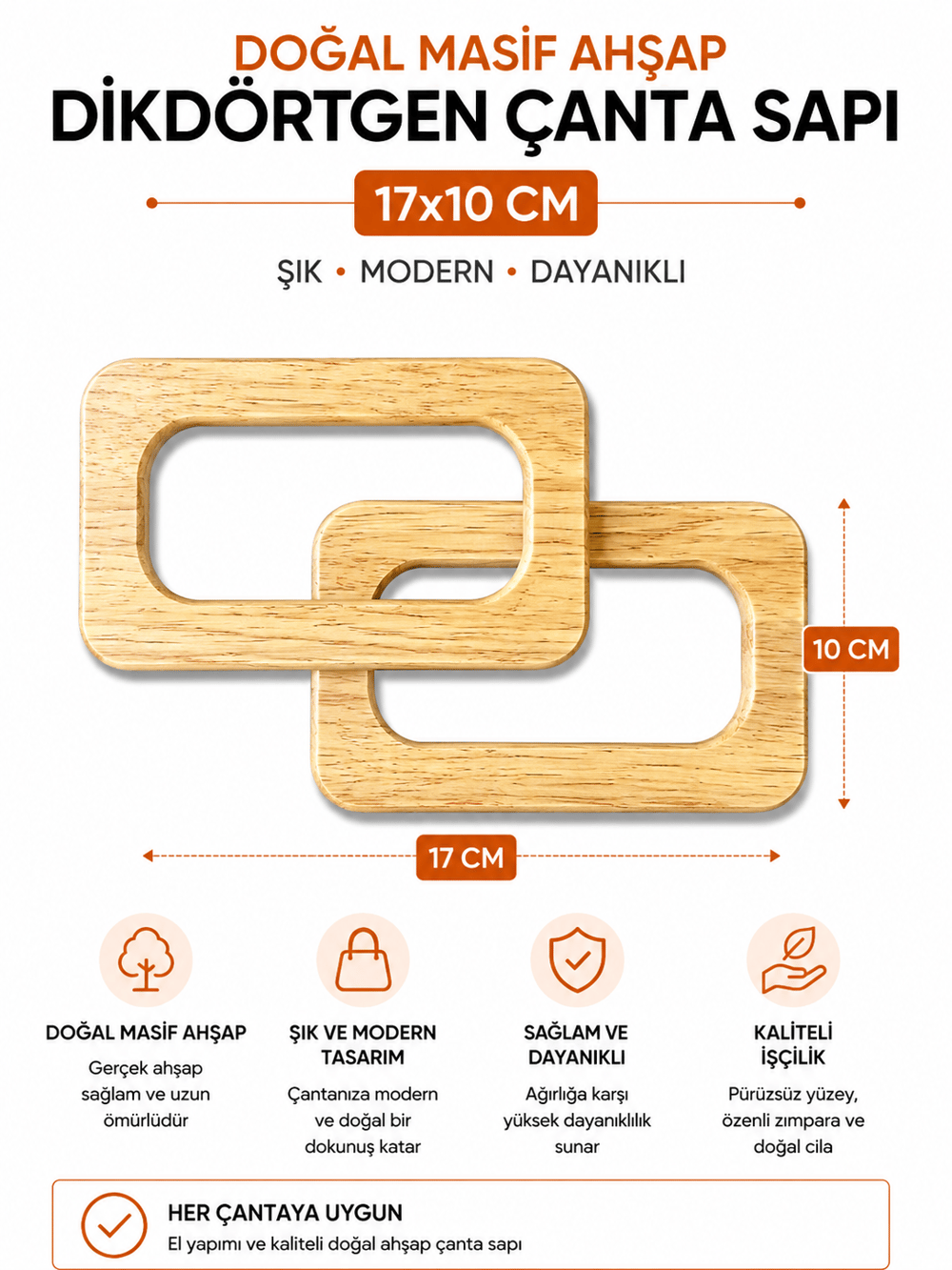 Doğal Masif Ahşap Dikdörtgen Çanta Sapı 17x10 cm 1 Çift (2 Adet) El Yapımı Çanta Kulpu Çanta Aksesuarı,Naturel
