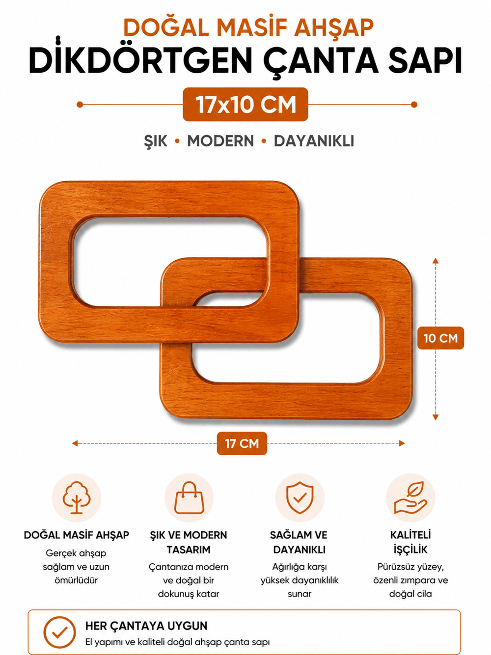 Doğal Masif Ahşap Dikdörtgen Çanta Sapı 17x10 cm 1 Çift (2 Adet) El Yapımı Çanta Kulpu Çanta Aksesuarı,Masif