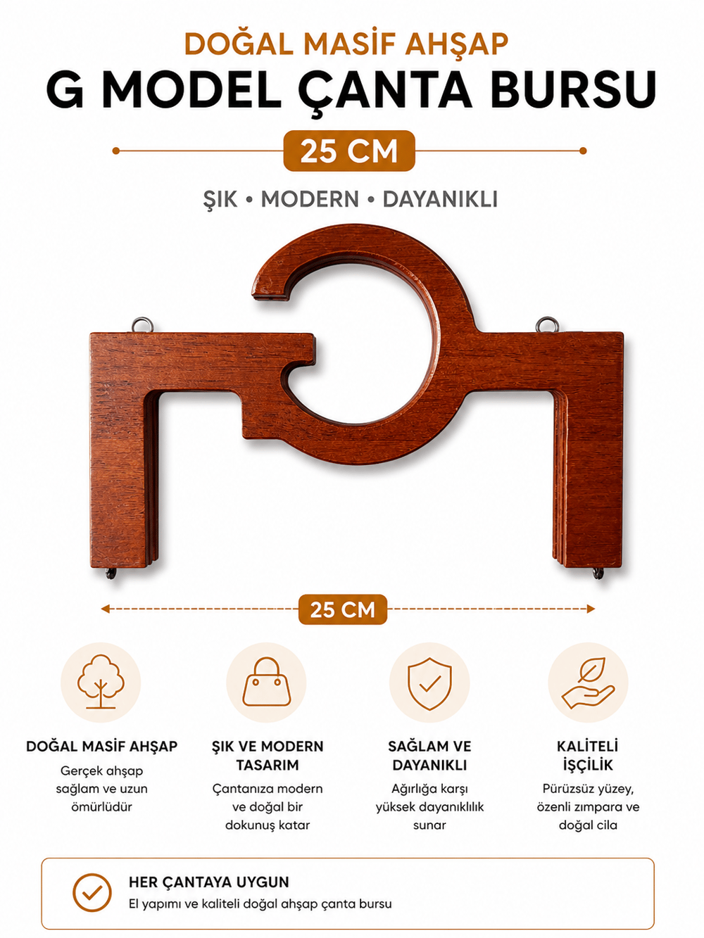 Doğal Masif Ahşap G Model Çanta Bursu 25 cm El Yapımı Çanta Çerçevesi Çanta Aparatı Çanta Aksesuarı, Kahverengi