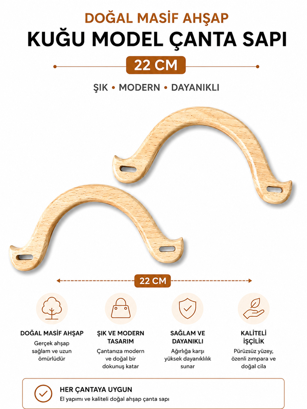 Doğal Masif Ahşap Kuğu Model Çanta Sapı 22 cm 1 Çift (2 Adet) El Yapımı Çanta Kulpu Çanta Aksesuarı,Naturel
