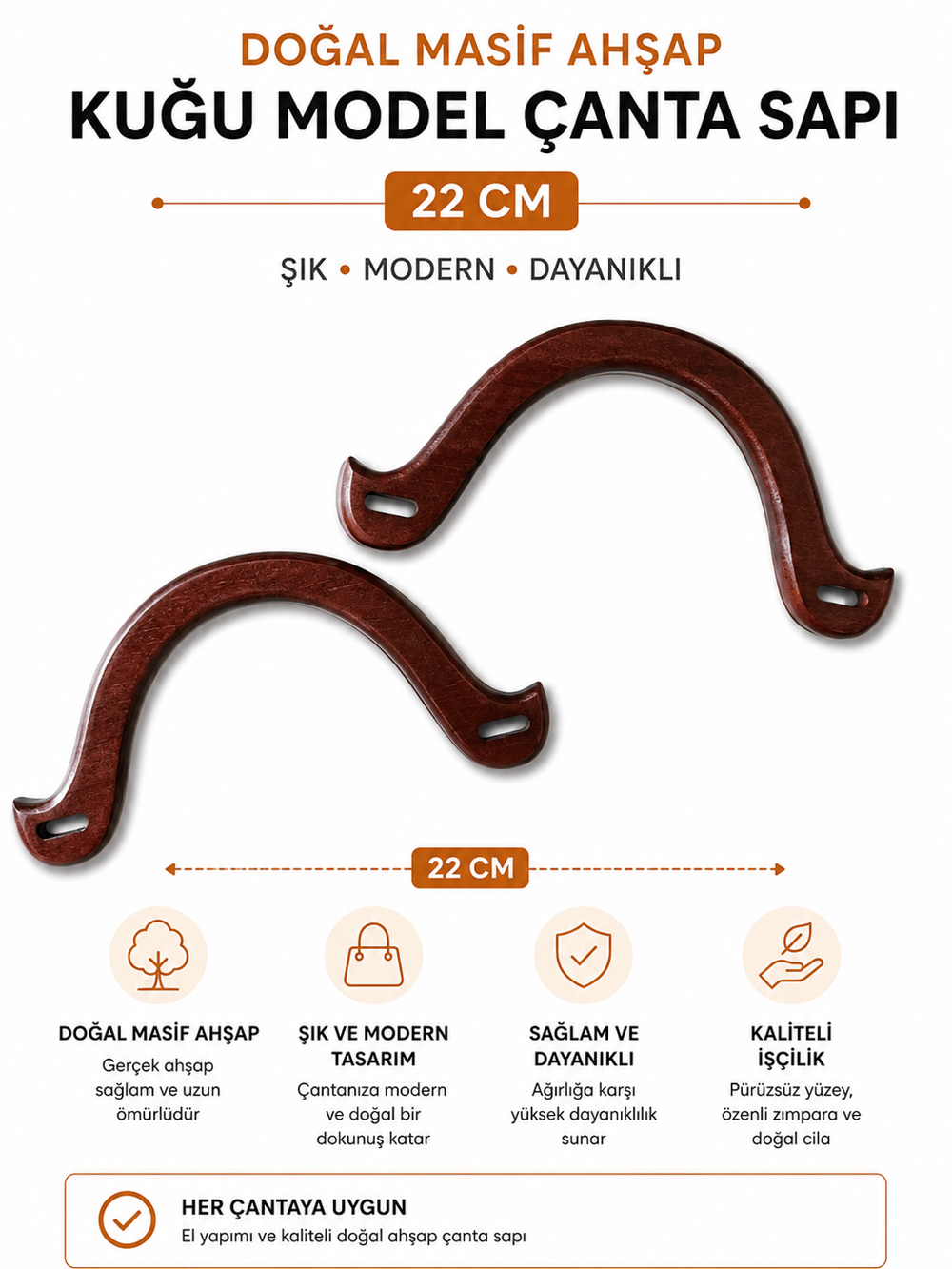 Doğal Masif Ahşap Kuğu Model Çanta Sapı 22 cm 1 Çift (2 Adet) El Yapımı Çanta Kulpu Çanta Aksesuarı,Kahverengi