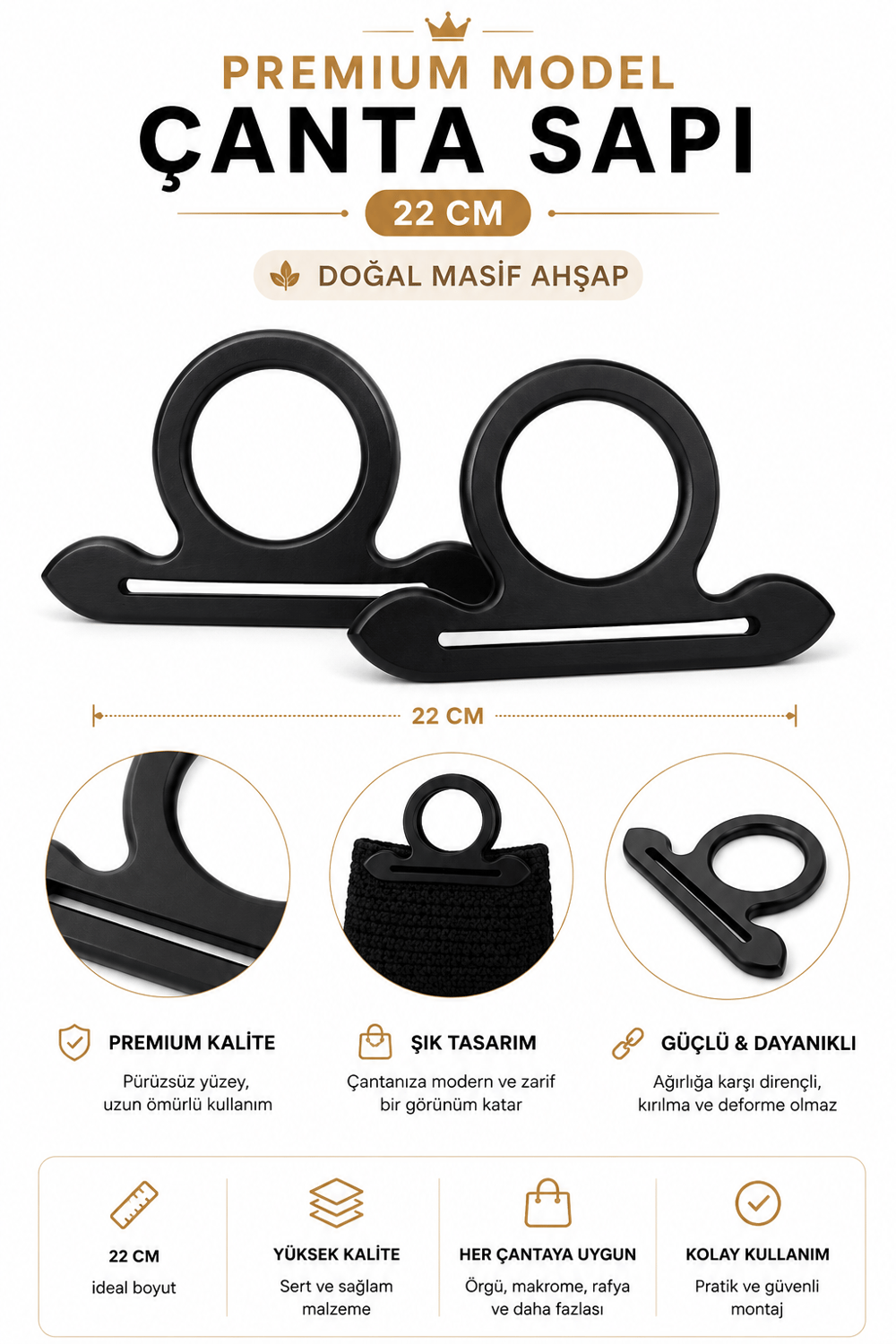 Doğal Masif Ahşap Premium Çanta Sapı 22 cm 1 Çift (2 Adet) El Yapımı Çanta Kulpu Çanta Aksesuarı,Siyah