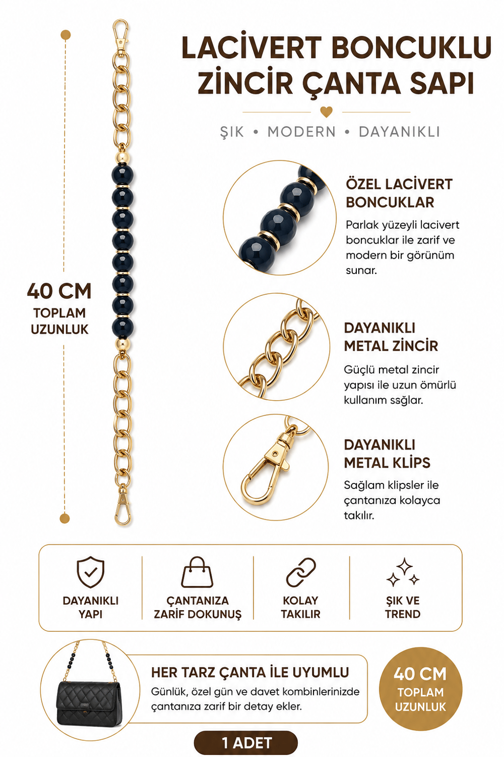 İnci Boncuklu Çanta Sapı 40 cm 1 Adet Metal Klipsli Çanta Askısı Çanta Aksesuarı,Model 7