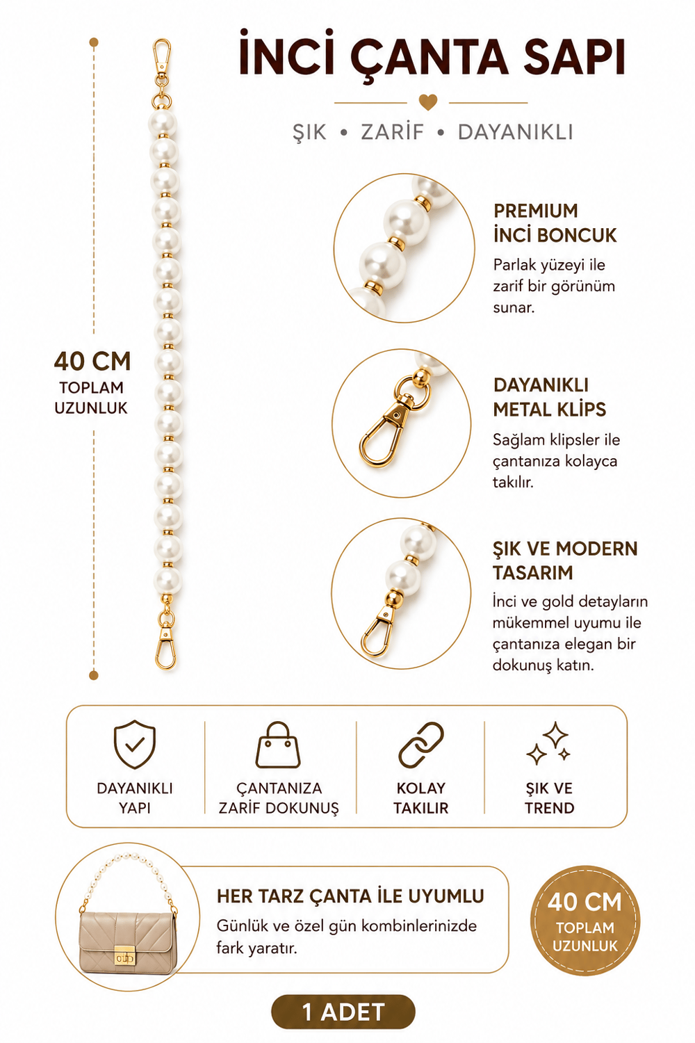 İnci Boncuklu Çanta Sapı 40 cm 1 Adet Metal Klipsli Çanta Askısı Çanta Aksesuarı,Model 1