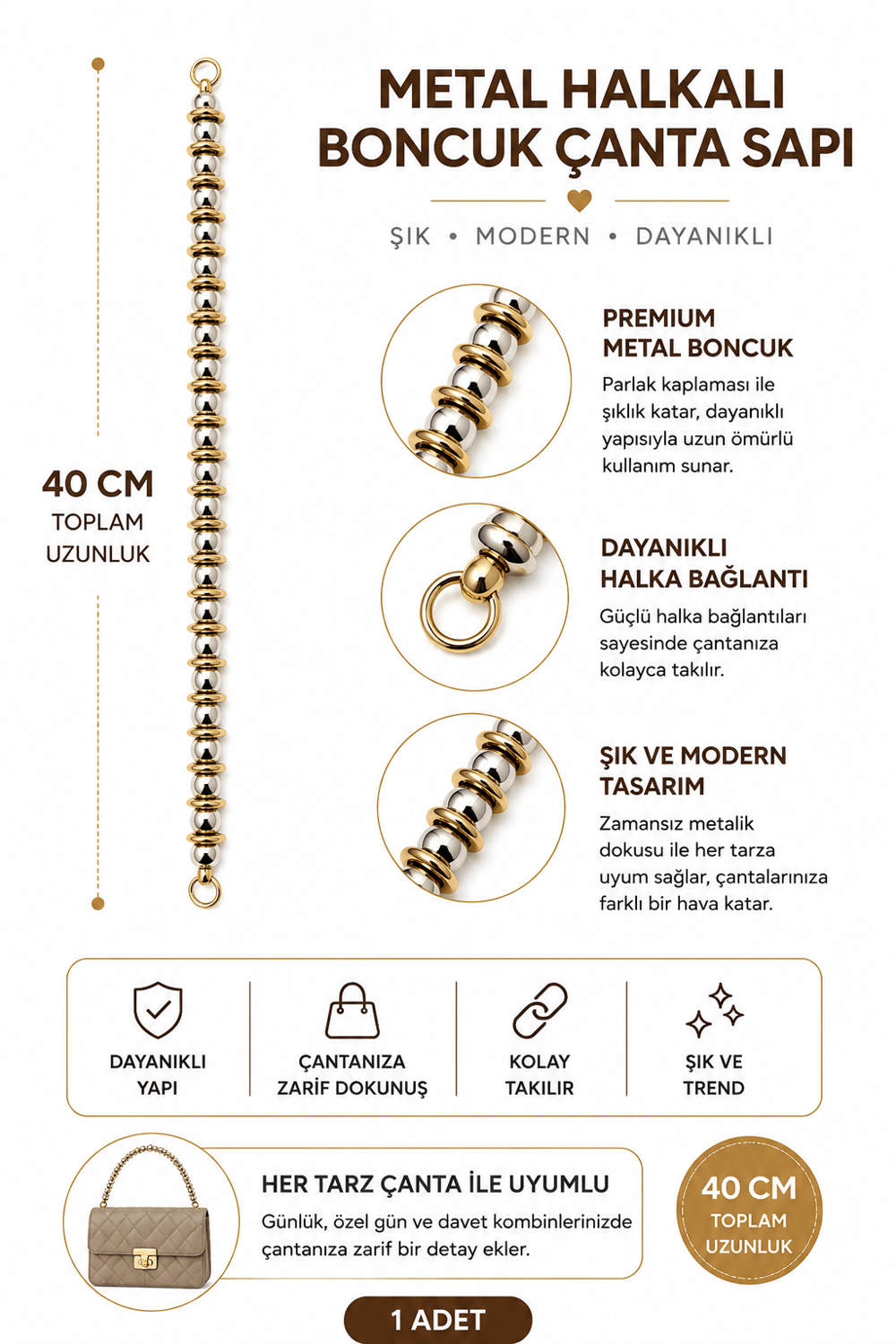 İnci Boncuklu Çanta Sapı 40 cm 1 Adet Metal Klipsli Çanta Askısı Çanta Aksesuarı,Model 3