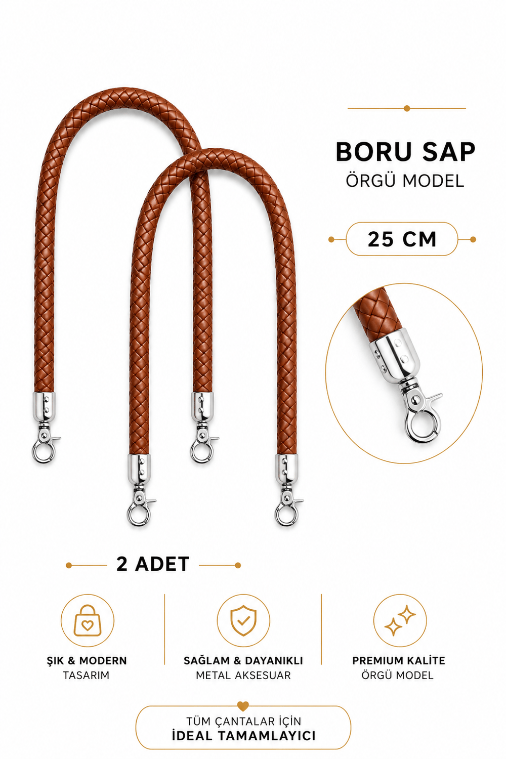 Örgü Model Boru Çanta Sapı 25 cm 1 Çift (2 Adet) Metal Klipsli Çanta Kulpu Çanta Aksesuarı,BAKIR