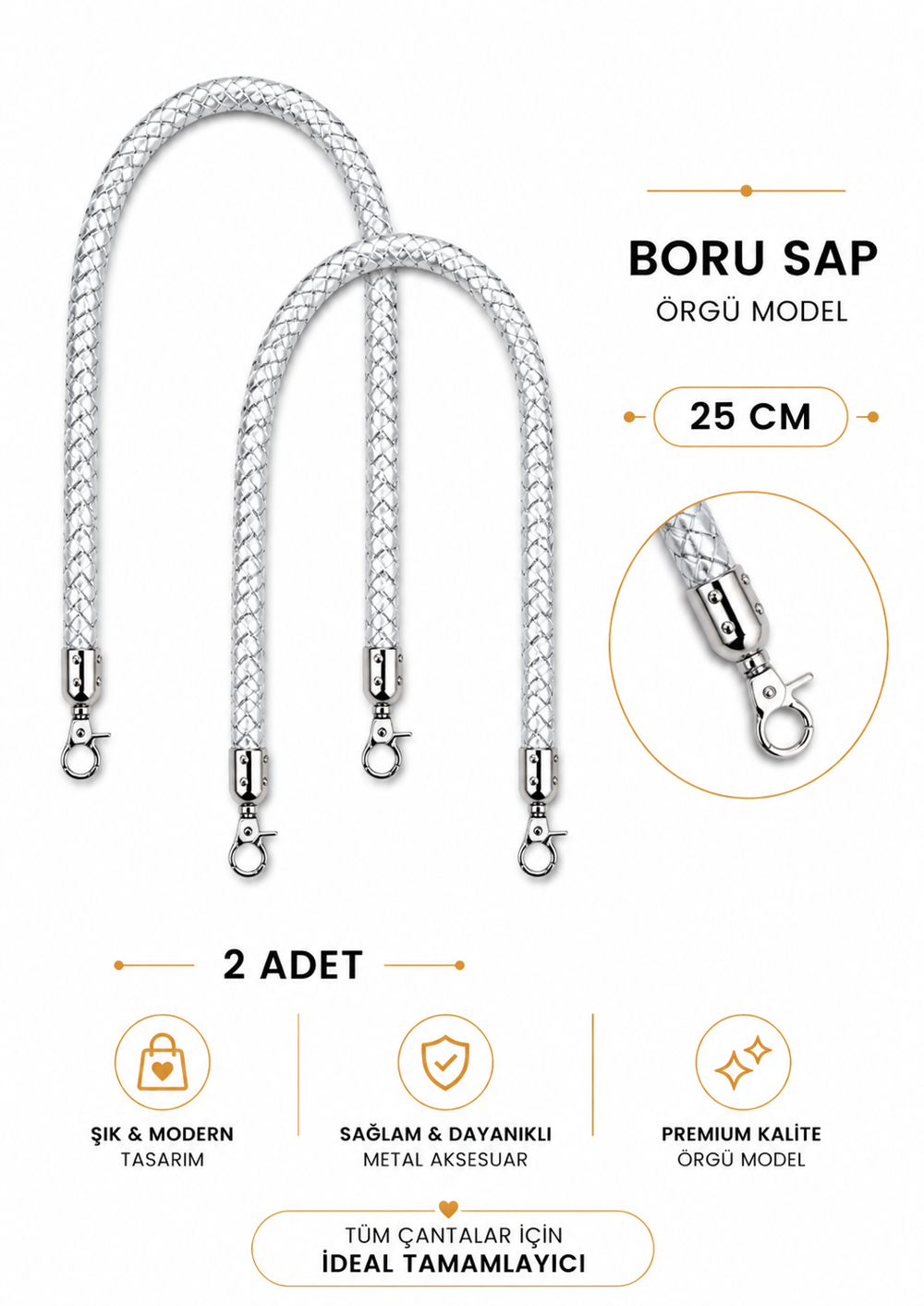 Örgü Model Boru Çanta Sapı 25 cm 1 Çift (2 Adet) Metal Klipsli Çanta Kulpu Çanta Aksesuarı,Gümüş