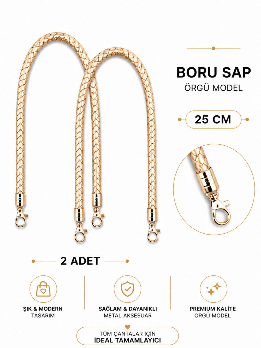 Örgü Model Boru Çanta Sapı 25 cm 1 Çift (2 Adet) Metal Klipsli Çanta Kulpu Çanta Aksesuarı,Altın Sarısı