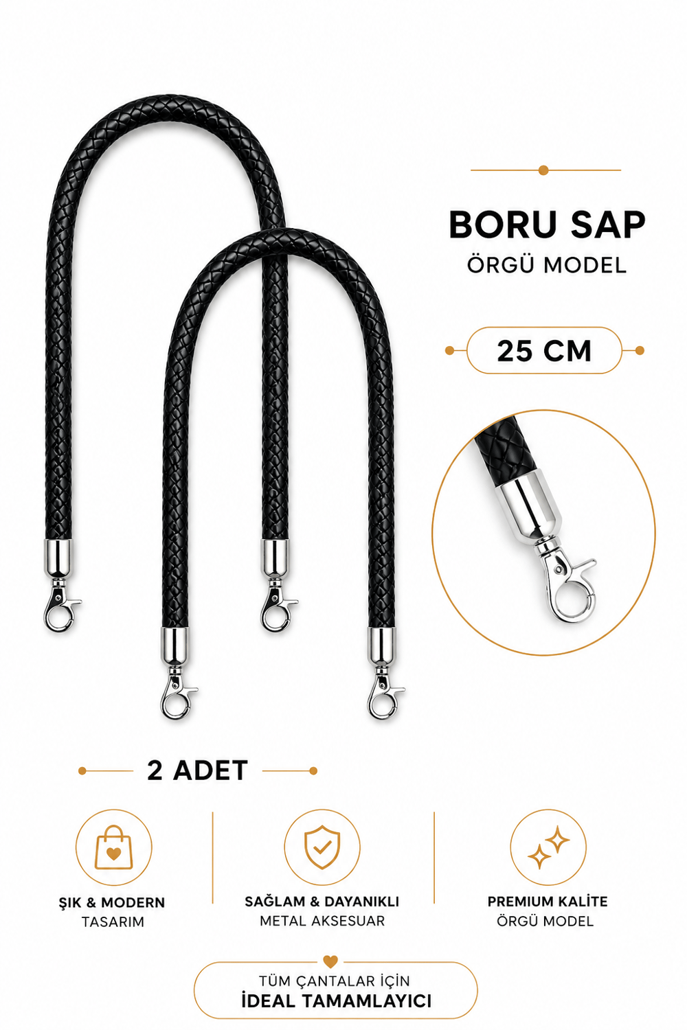 Örgü Model Boru Çanta Sapı 25 cm 1 Çift (2 Adet) Metal Klipsli Çanta Kulpu Çanta Aksesuarı,Siyah