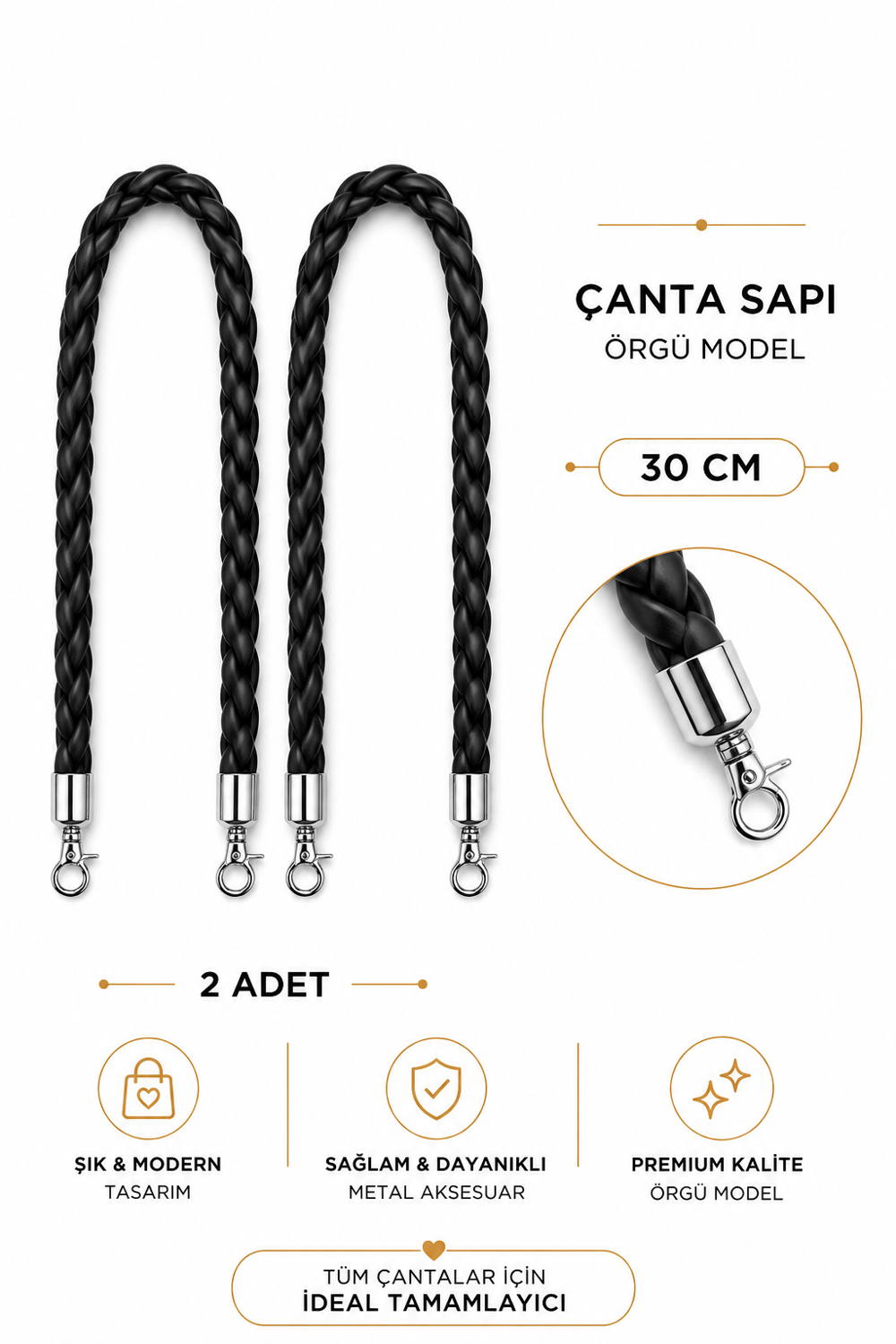 Örgü Model Çanta Sapı 30 cm 2 Adet Suni Deri Çanta Kulpu Metal Karabinalı El Yapımı Çanta Askısı Siyah