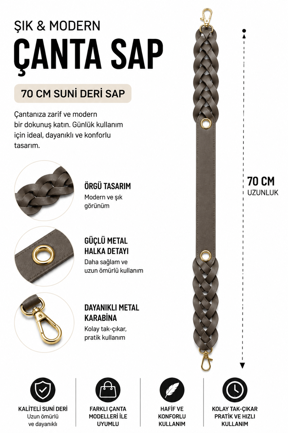 Suni Deri Örgü Çanta Sapı 70 cm Metal Karabinalı Çanta Askısı Çanta Aksesuarı,Kum Beji