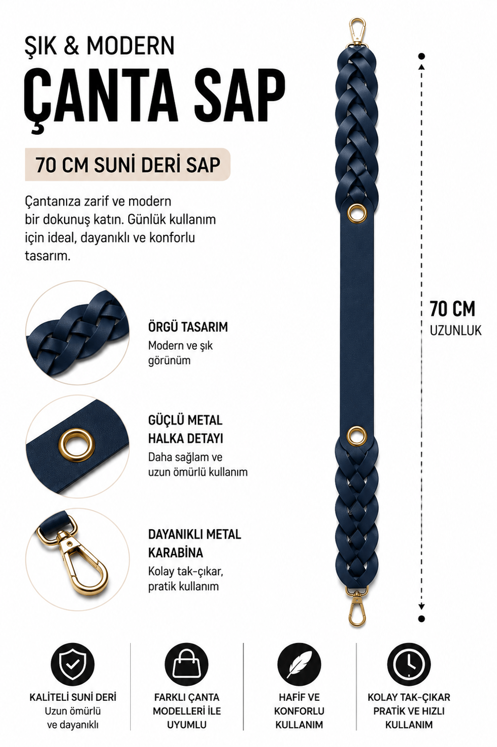 Suni Deri Örgü Çanta Sapı 70 cm Metal Karabinalı Çanta Askısı Çanta Aksesuarı,Lacivert