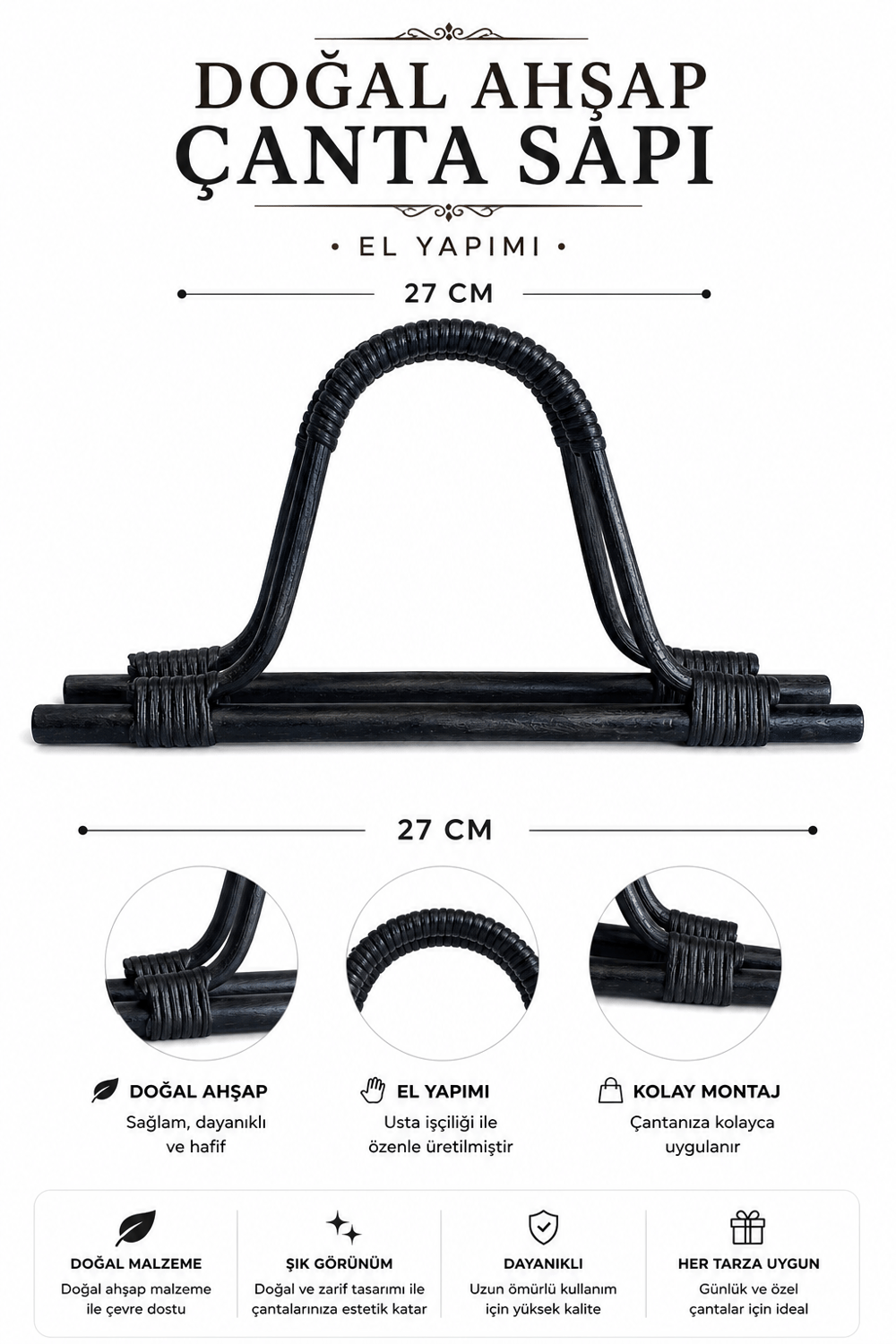 Vollen Yarn Doğal Bambu Ahşap Çanta Sapı 27cm , Siyah