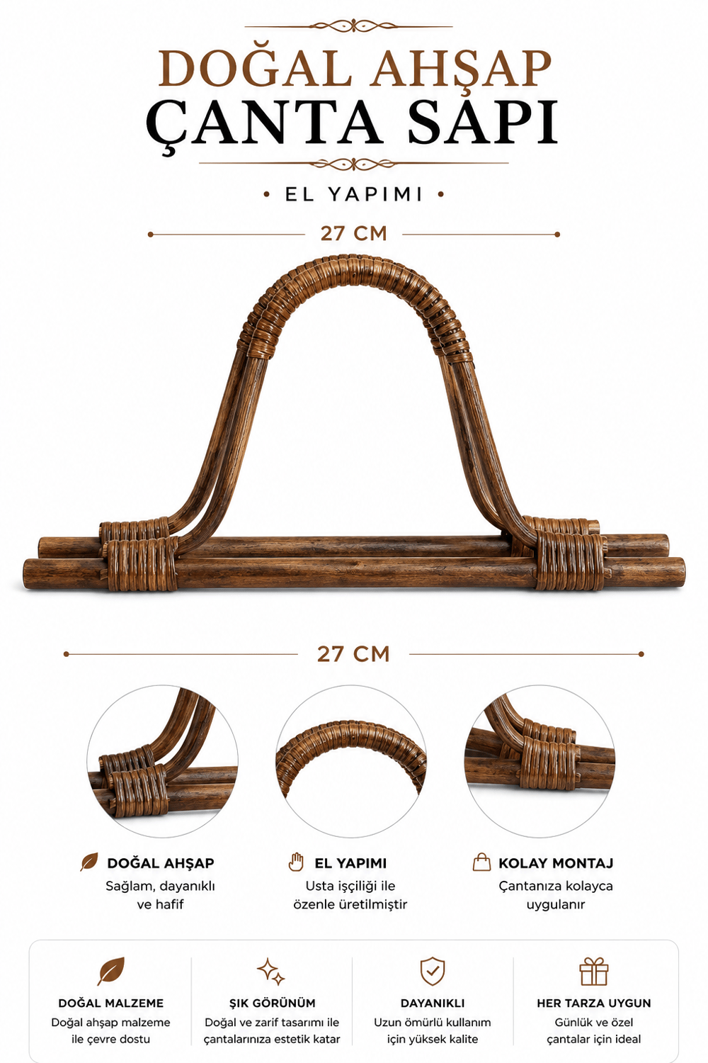 Vollen Yarn Doğal Bambu Ahşap Çanta Sapı 27cm , Kahverengi