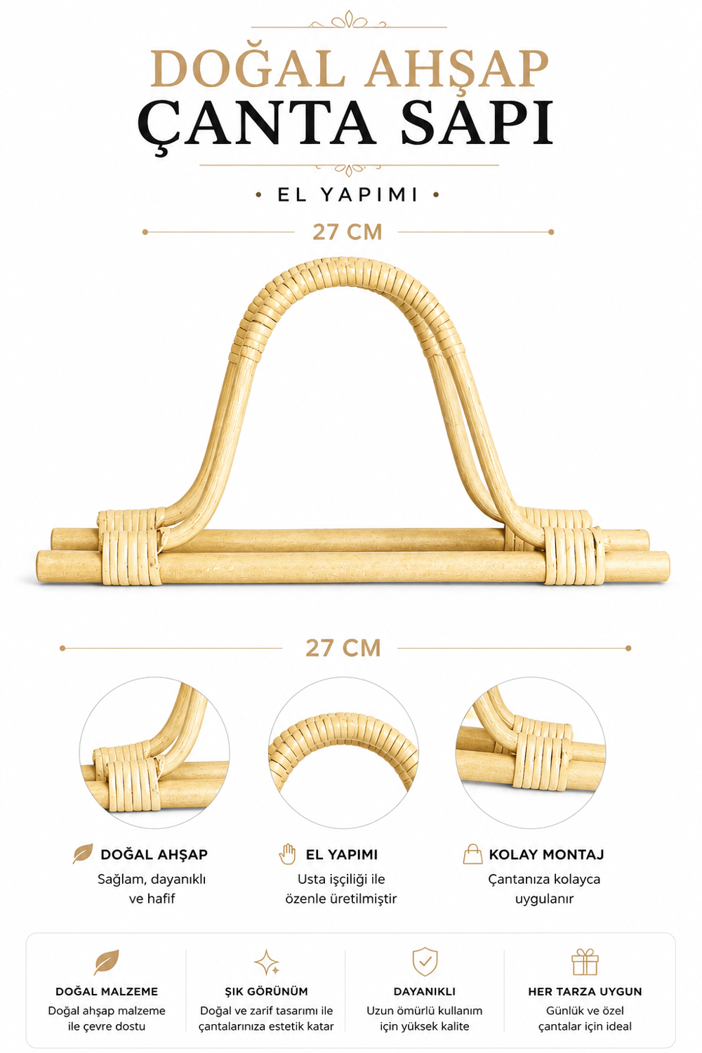 Vollen Yarn Doğal Bambu Ahşap Çanta Sapı 27cm , Naturel
