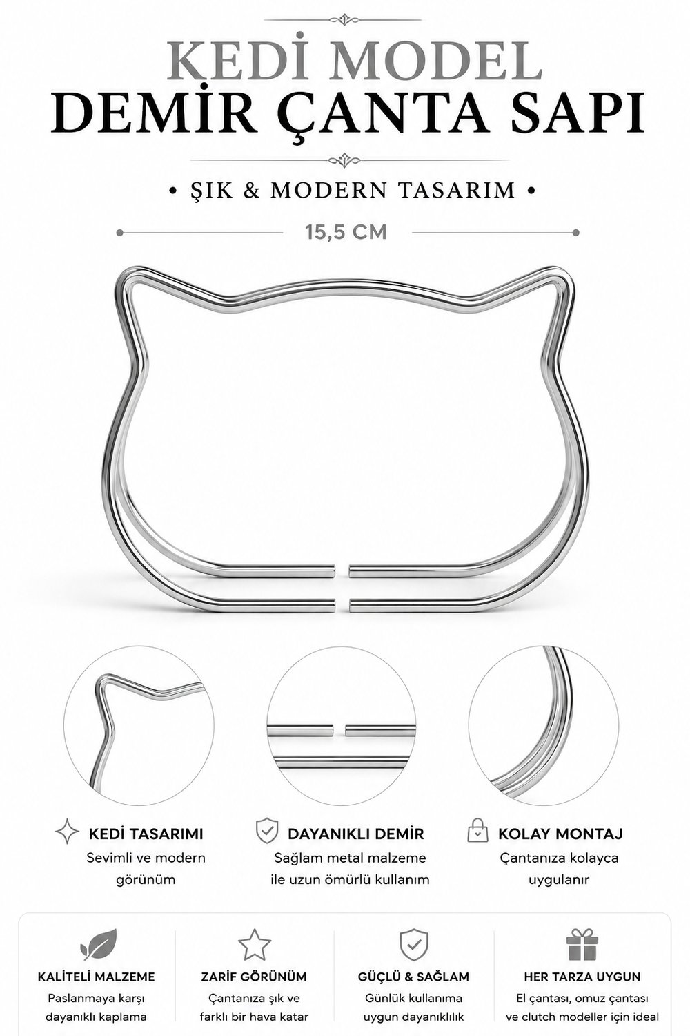 Vollen Yarn Metal Çanta Sapı Kedi Model 11x8 cm ,Gümüş