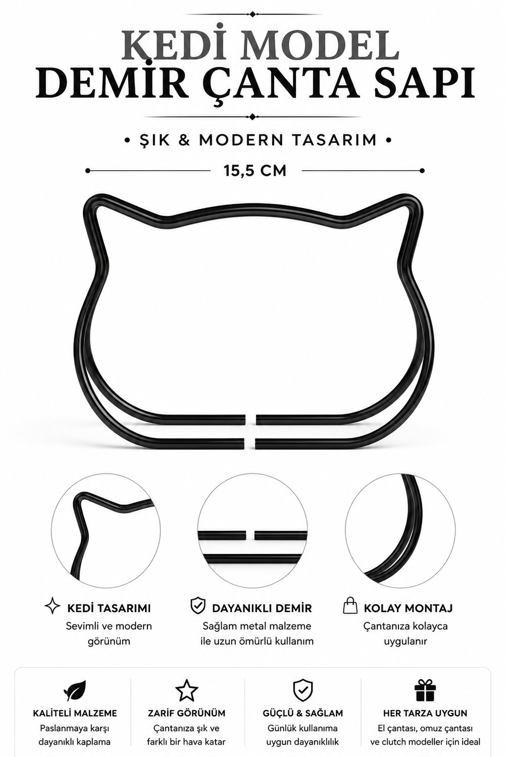 Vollen Yarn Metal Çanta Sapı Kedi Model 11x8 cm ,Siyah