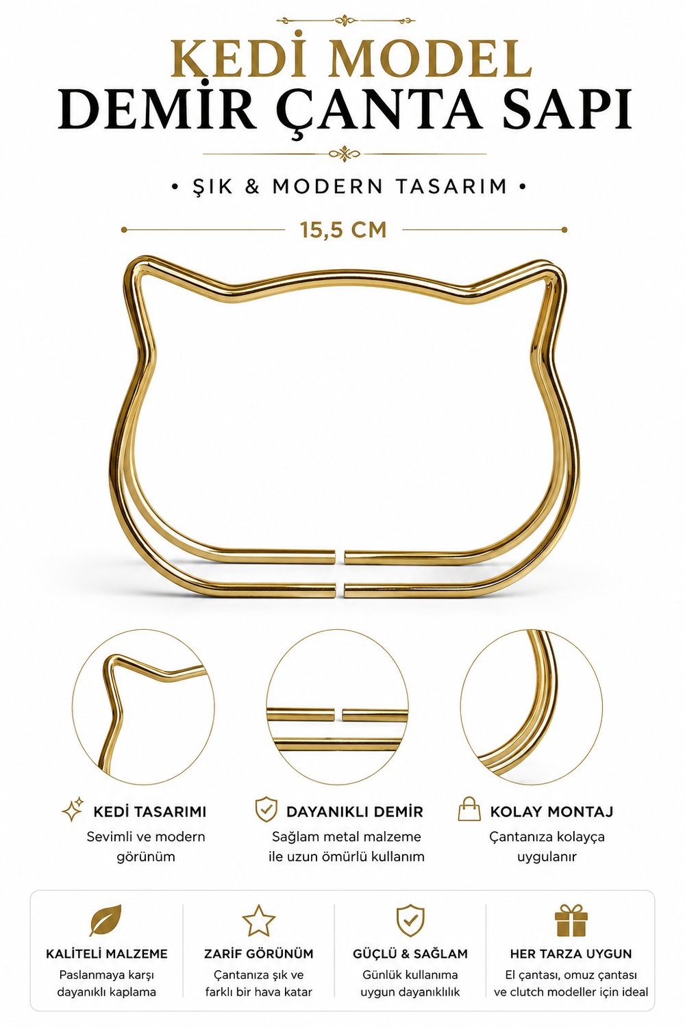 Vollen Yarn Metal Çanta Sapı Kedi Model 11x8 cm ,Altın