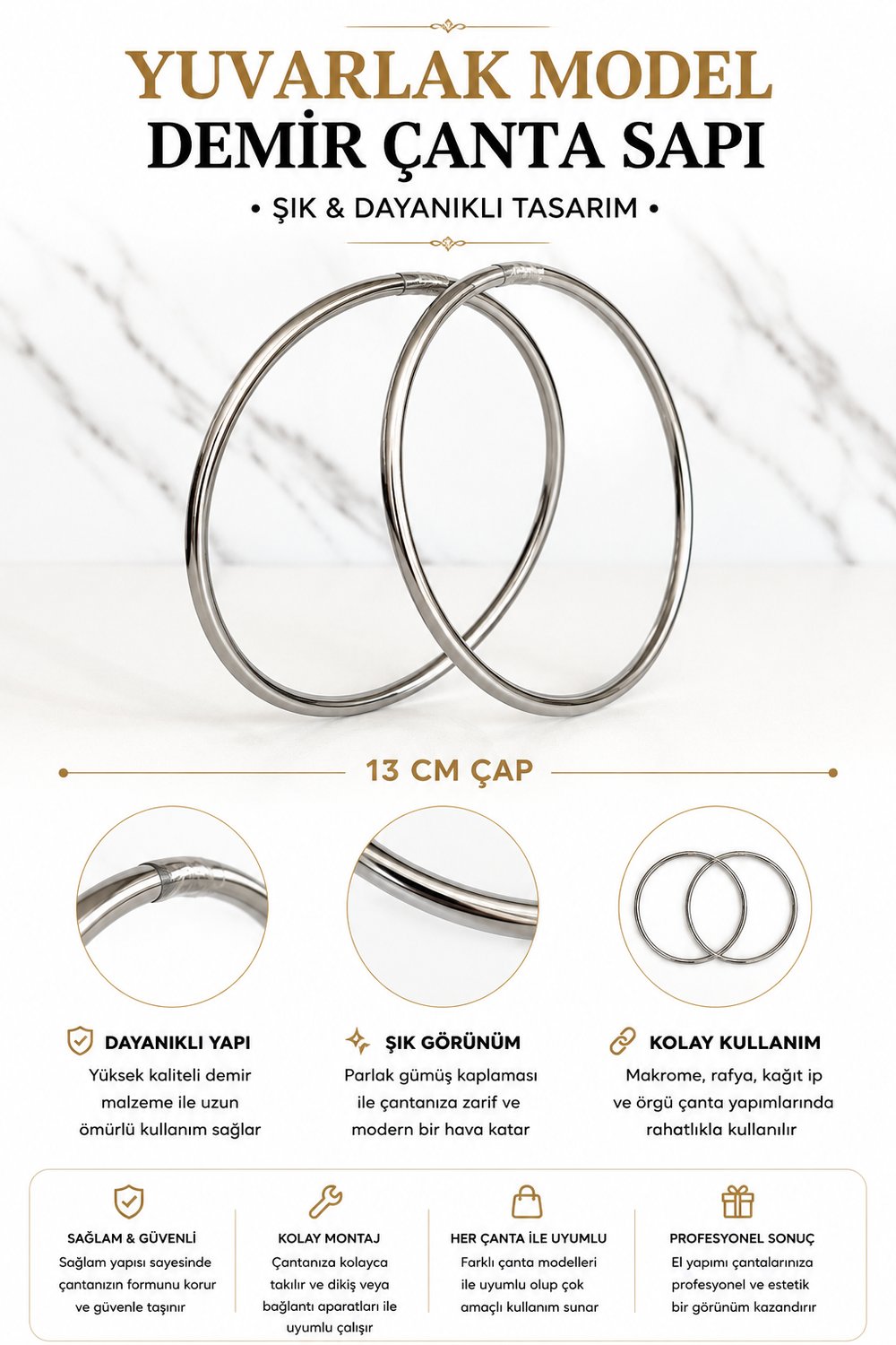 Vollen Yarn Metal Yuvarlak Halka  Çanta Sapı 12cm , Gümüş