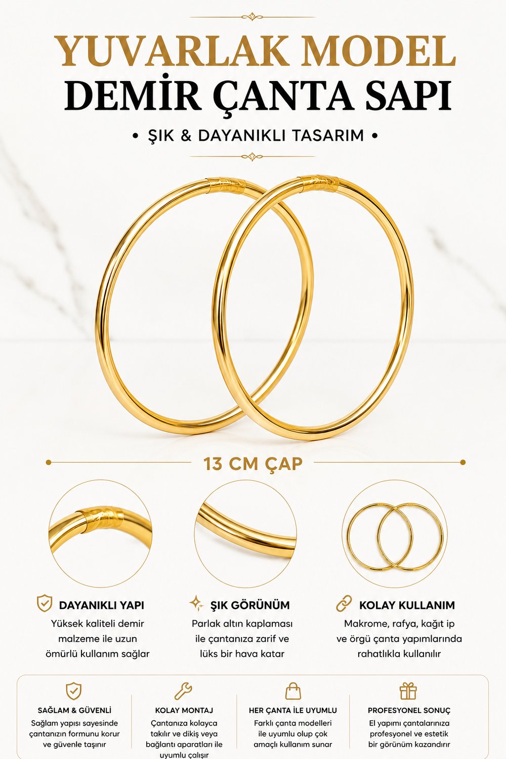 Vollen Yarn Metal Yuvarlak Halka  Çanta Sapı 12cm , Altın