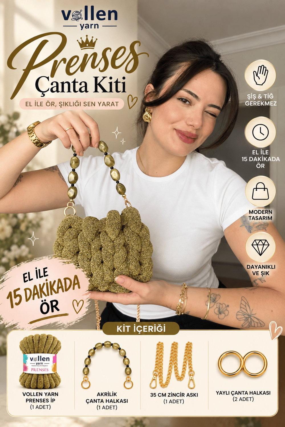 Vollen Yarn Prenses Çanta Kiti – 15 Dakikada Kendi Çantanı Tasarla! ✨