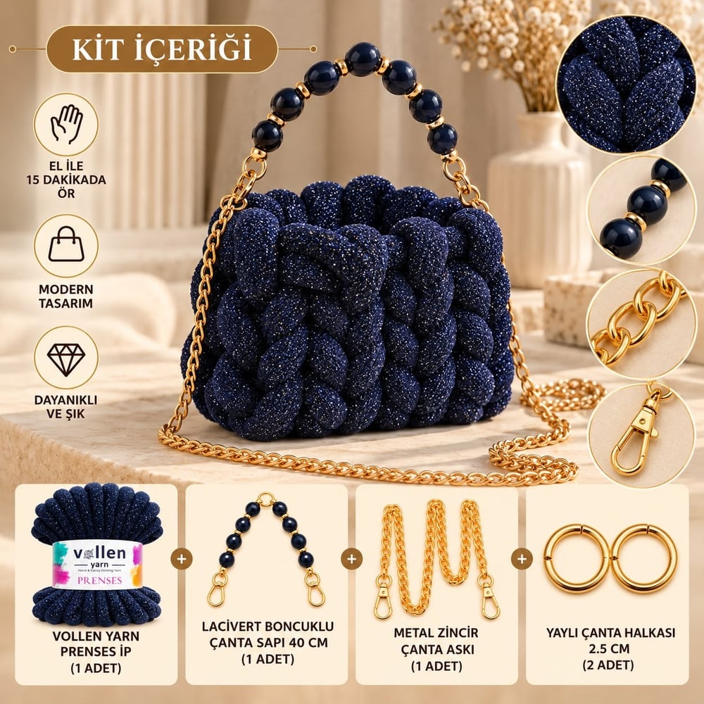 Vollen Yarn Prenses Çanta Kiti – 15 Dakikada Kendi Çantanı Tasarla! ✨, LACİVERT