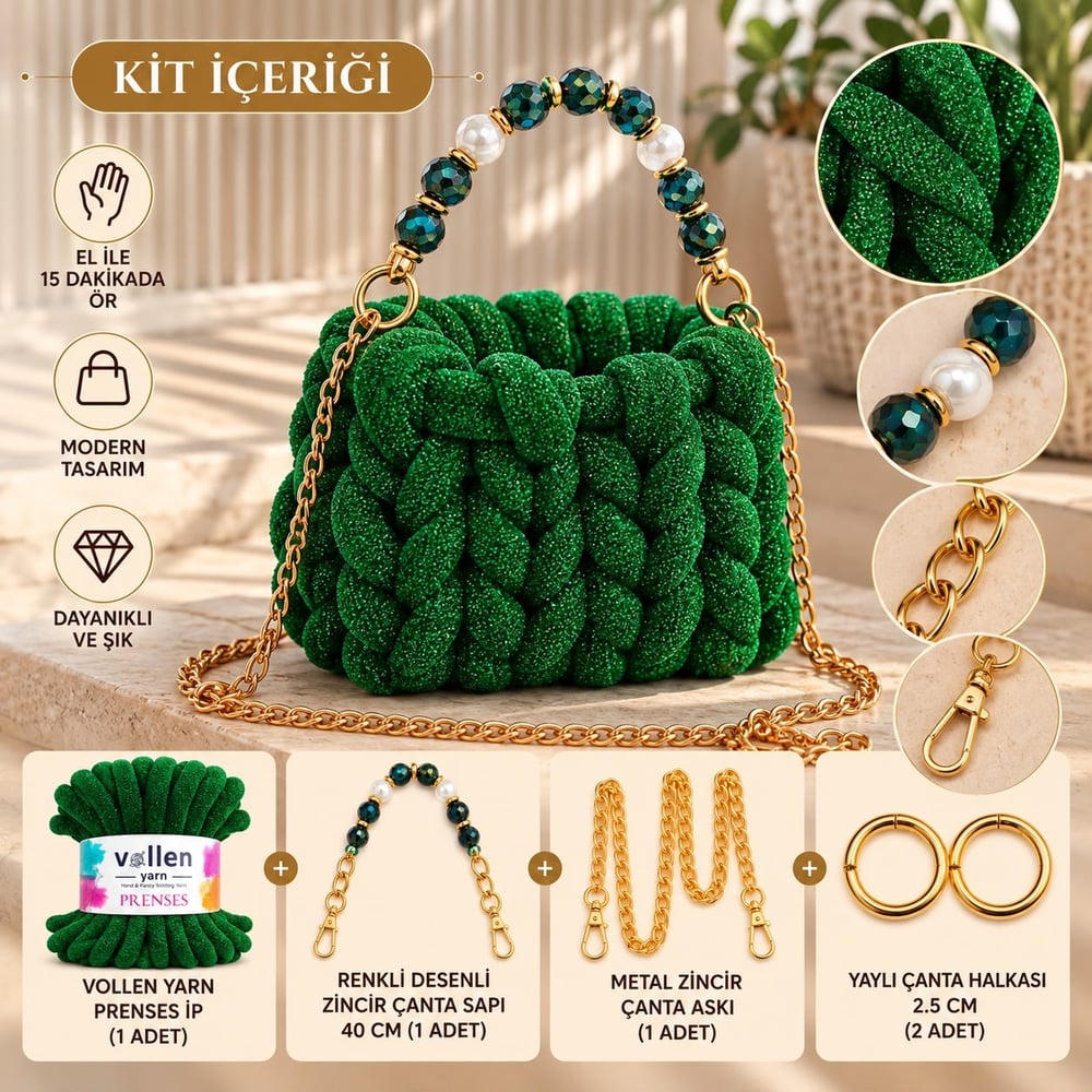 Vollen Yarn Prenses Çanta Kiti – 15 Dakikada Kendi Çantanı Tasarla! ✨, YEŞİL