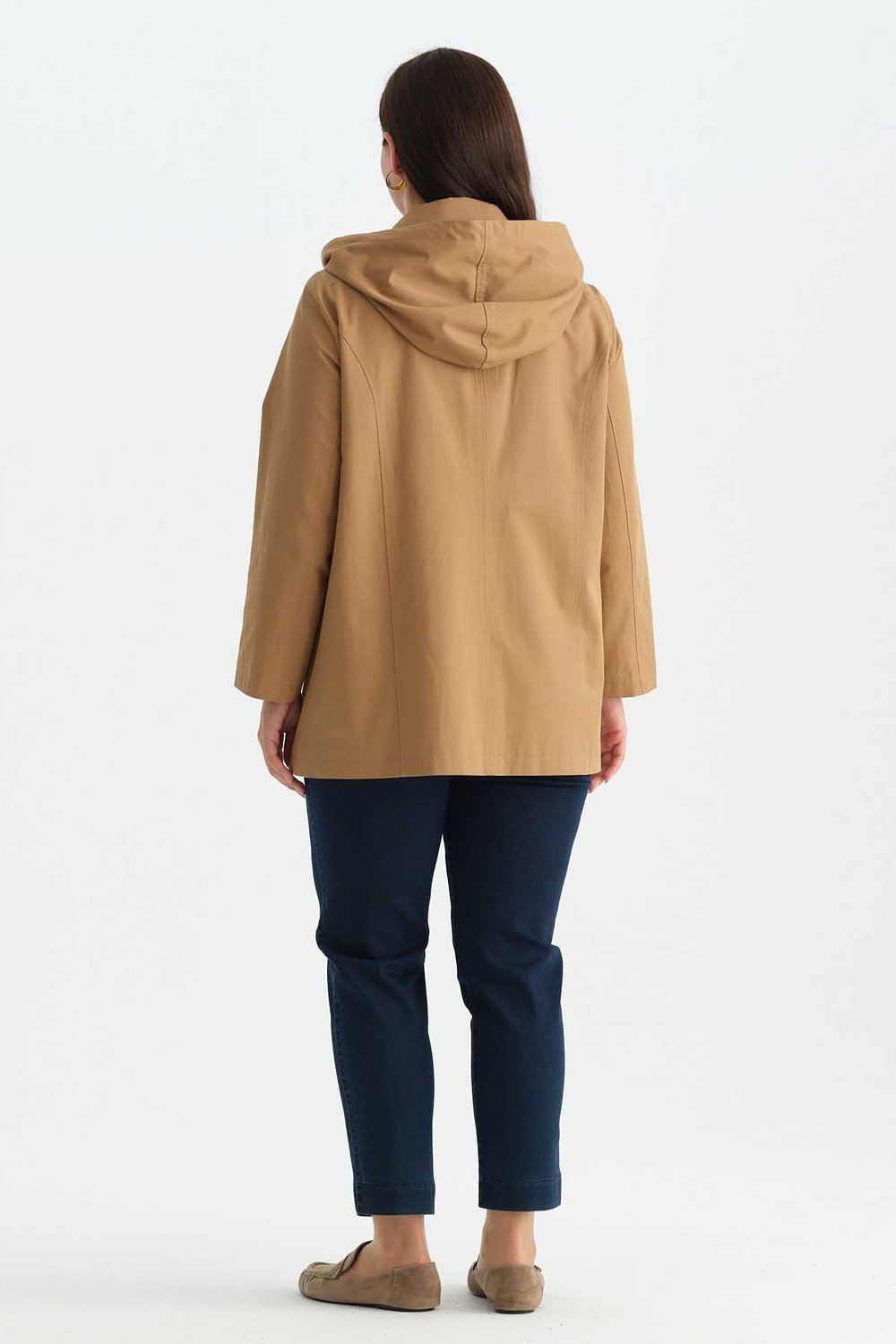 Büyük Beden Dıştan Cep Kapüşonlu Çıtçıtlı Trençkot  /  CAMEL