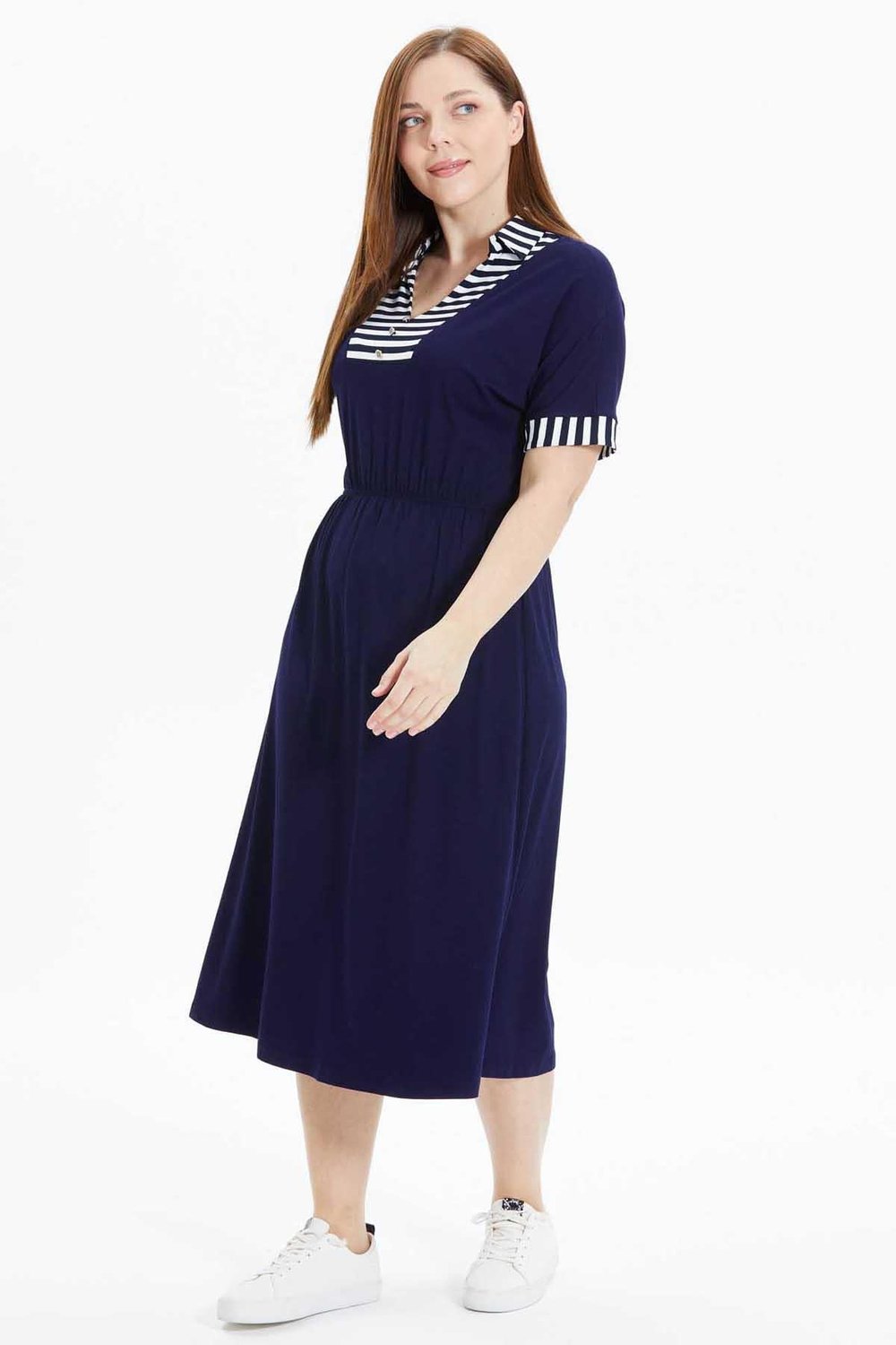 Büyük Beden Yakası Çizgili Kombinli Penye Elbise  /  LACİVERT