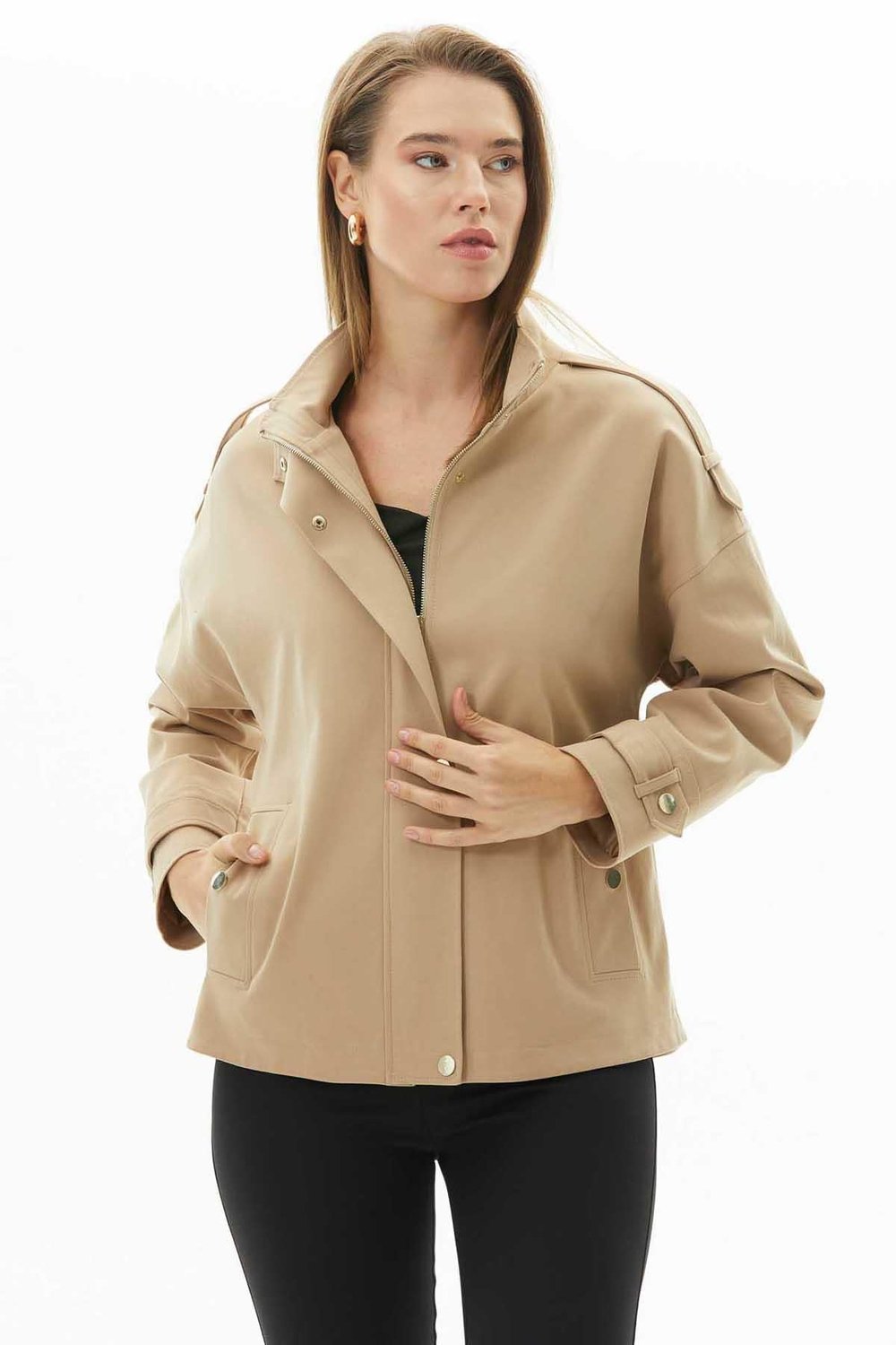 Dik Yaka Düşük Kol Çıtçıtlı Trençkot  /  CAMEL