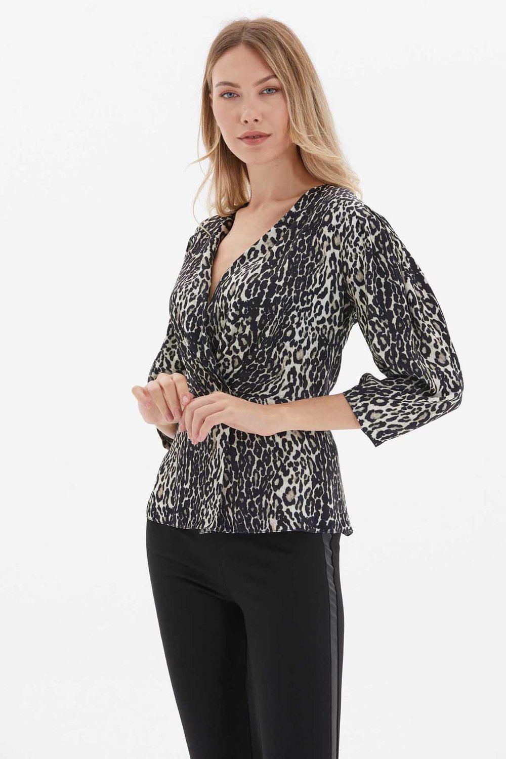 Kruvaze Truvakar Kol Leopar Desen Bluz  /  SİYAH