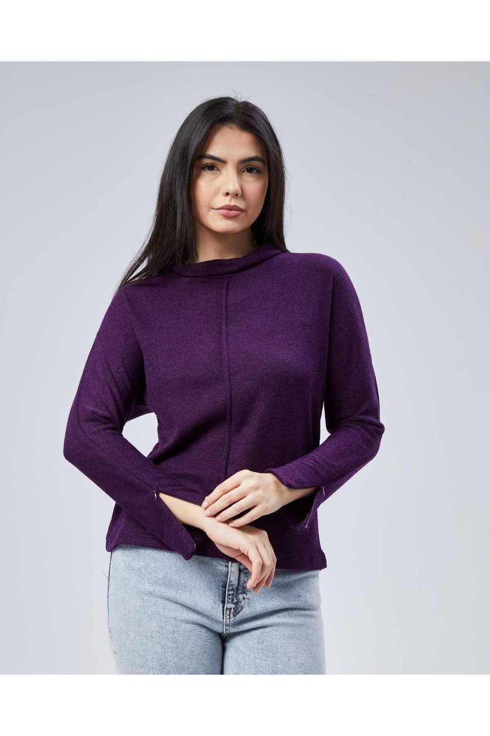 Yakası Katlamalı Kolu Fermuarlı Triko Bluz  /  MOR