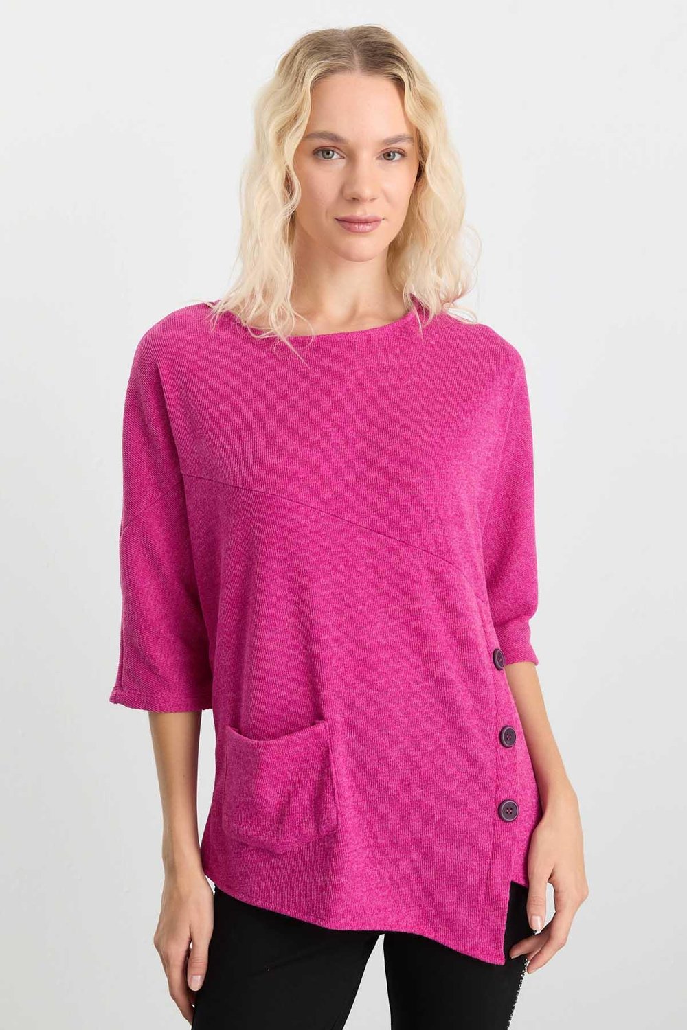 Yanı Düğmeli Cepli Triko Bluz  /  PEMBE
