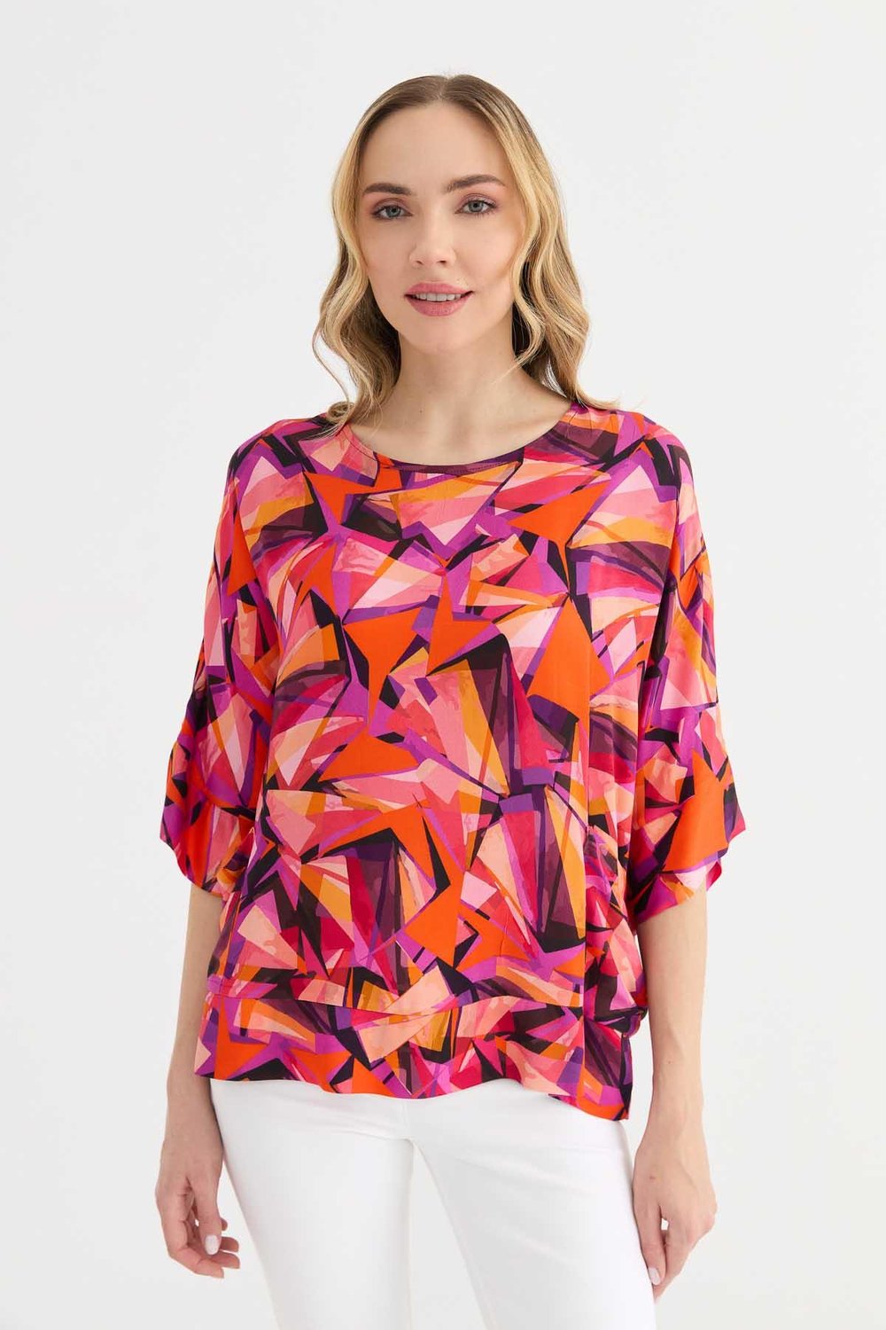 Yanları Cepli Geometrik Desen Bluz  /  ORANJ